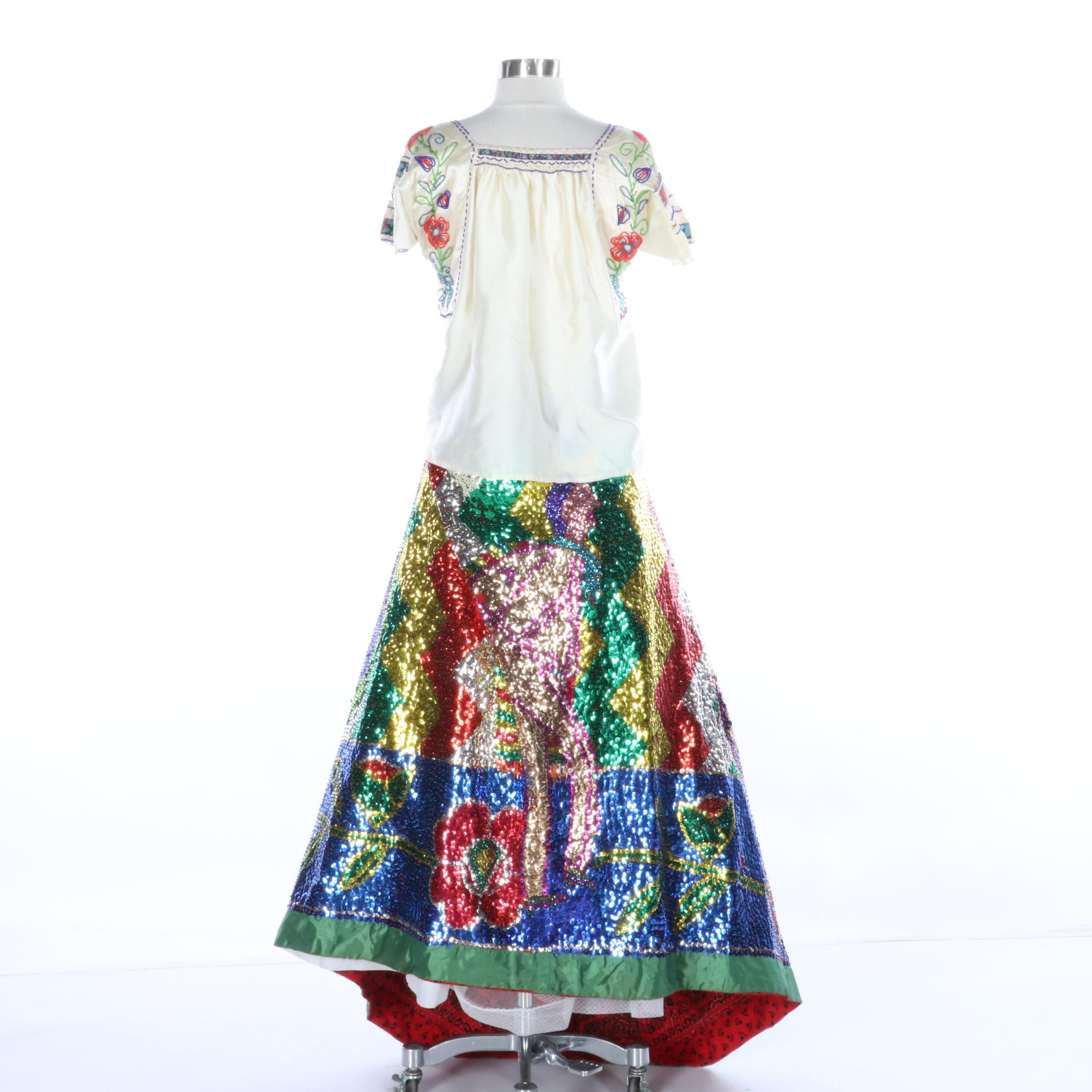 Vintage China Poblana Mexican Dress in Multicolor Beaded and Sequined Motifs
