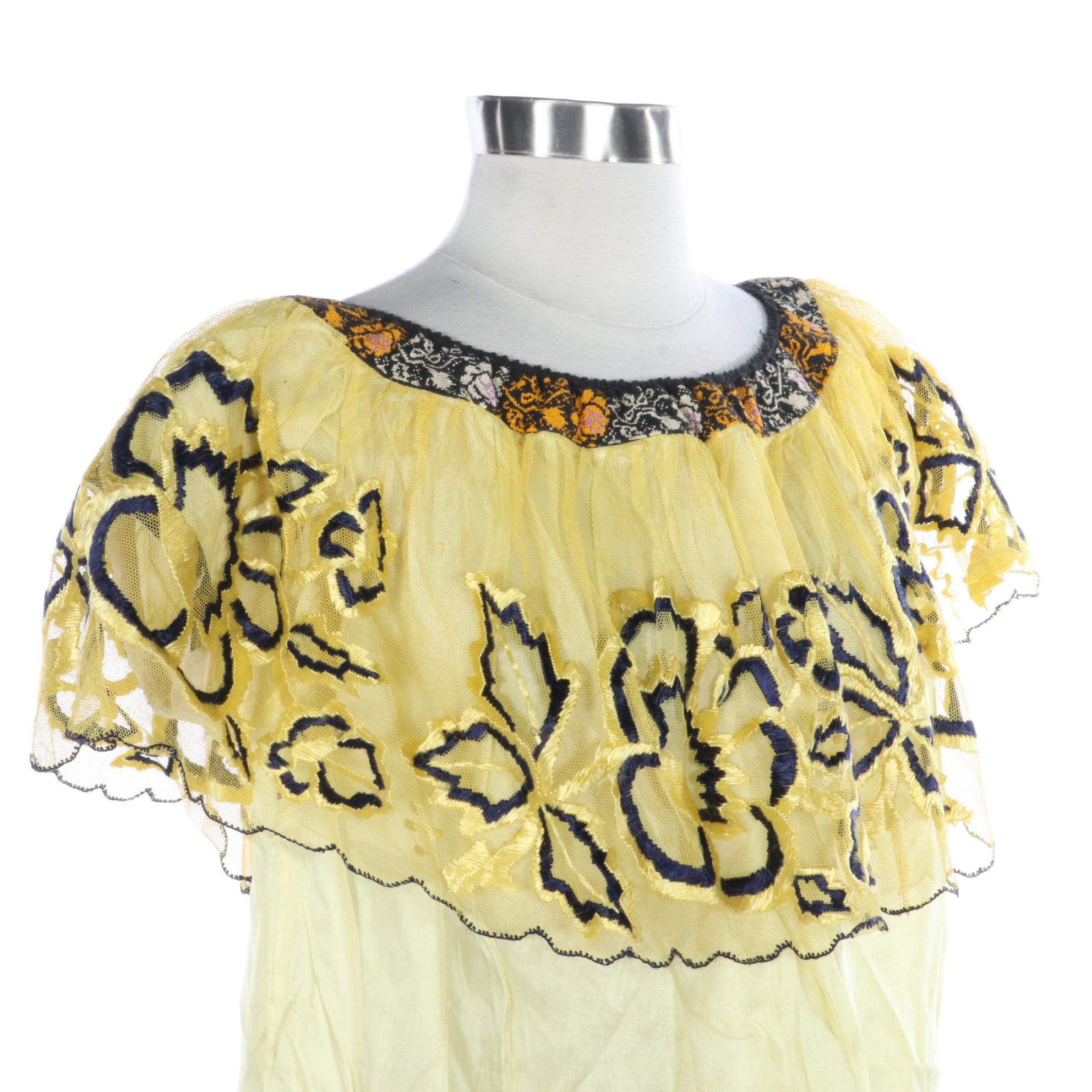 Vintage Mexican Chiapas Dress in Yellow and Black Embroidery