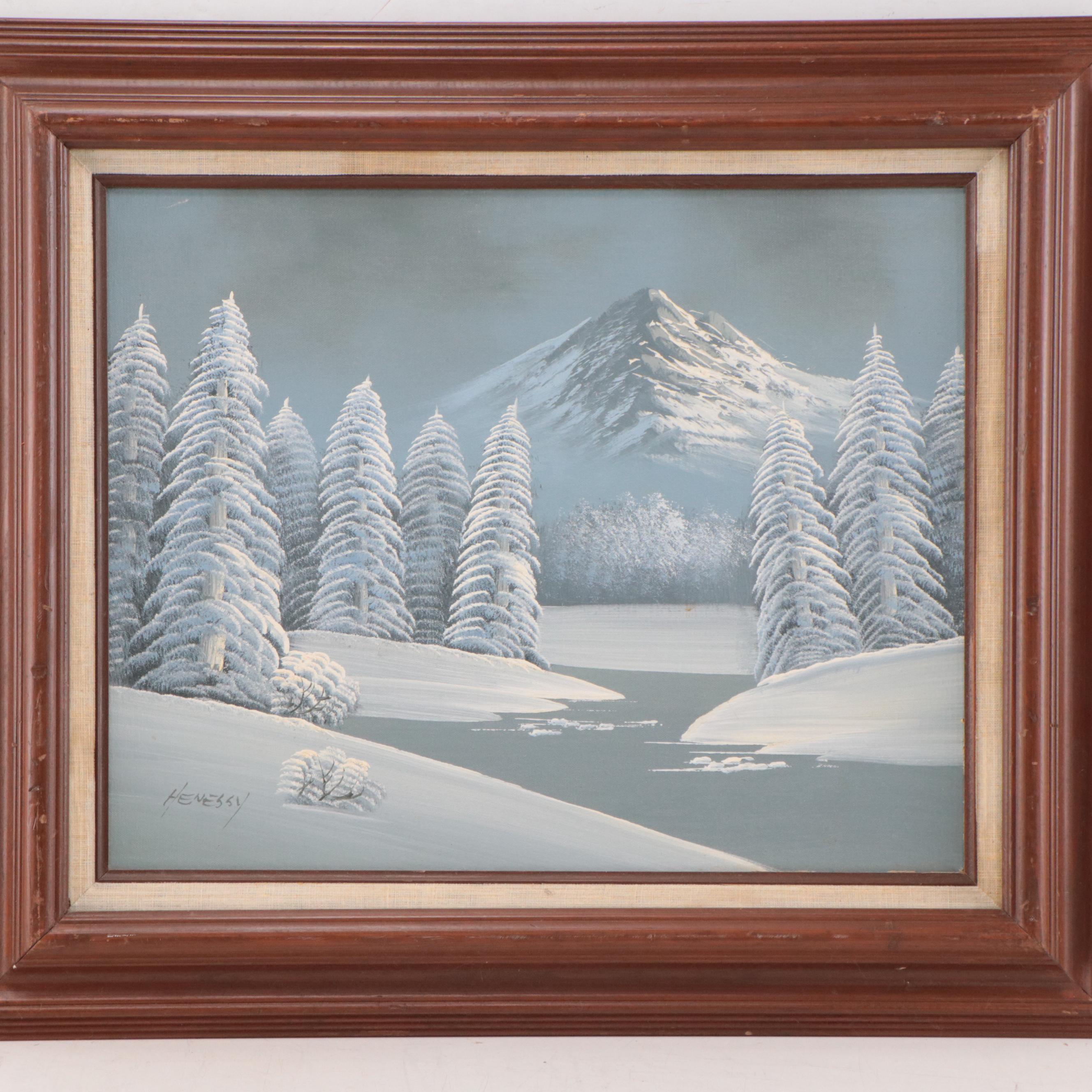 Winter Mountain Landscape Oil Painting, Circa 1975