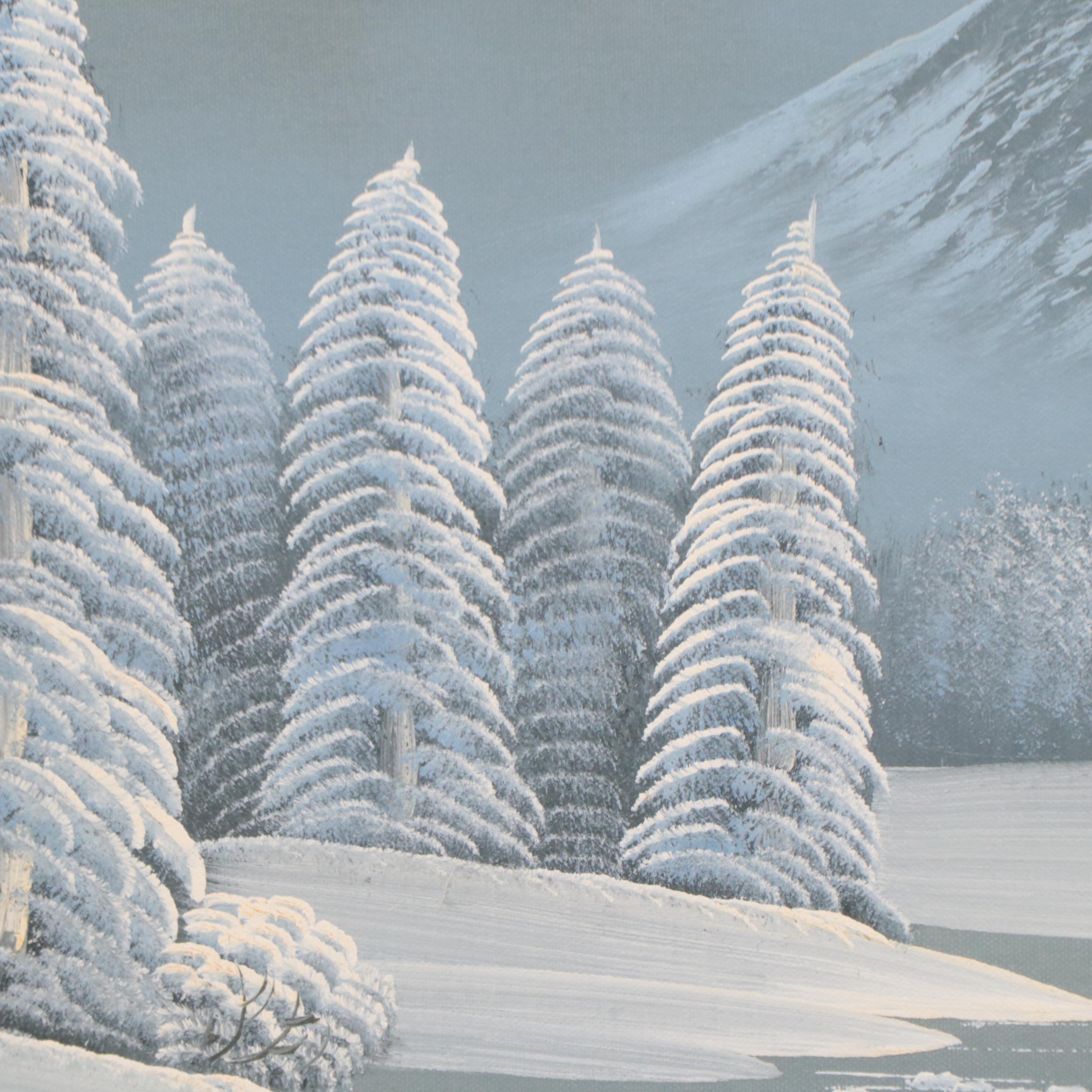 Winter Mountain Landscape Oil Painting, Circa 1975