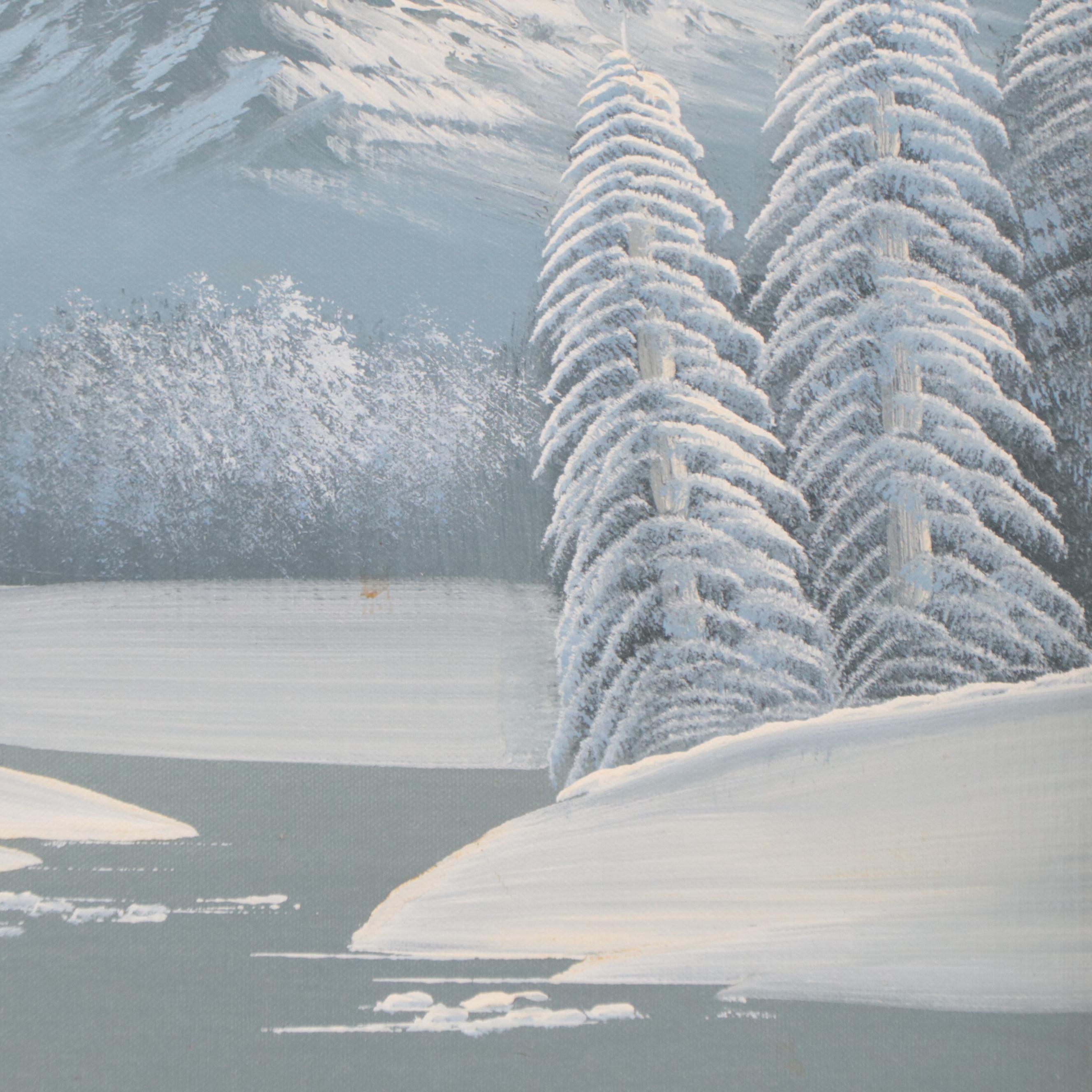 Winter Mountain Landscape Oil Painting, Circa 1975