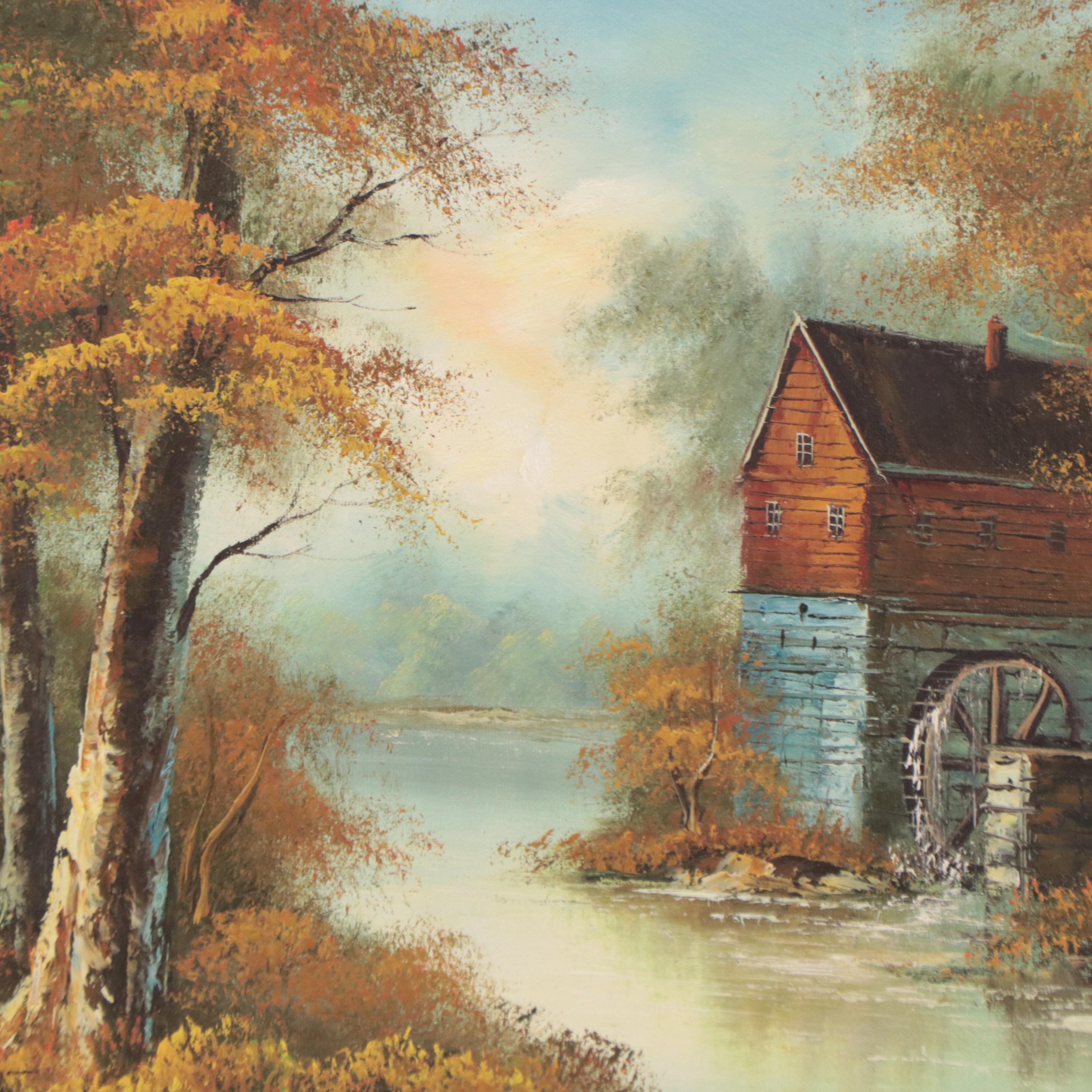 Autumn Landscape Oil Painting of a Watermill, Circa 1975