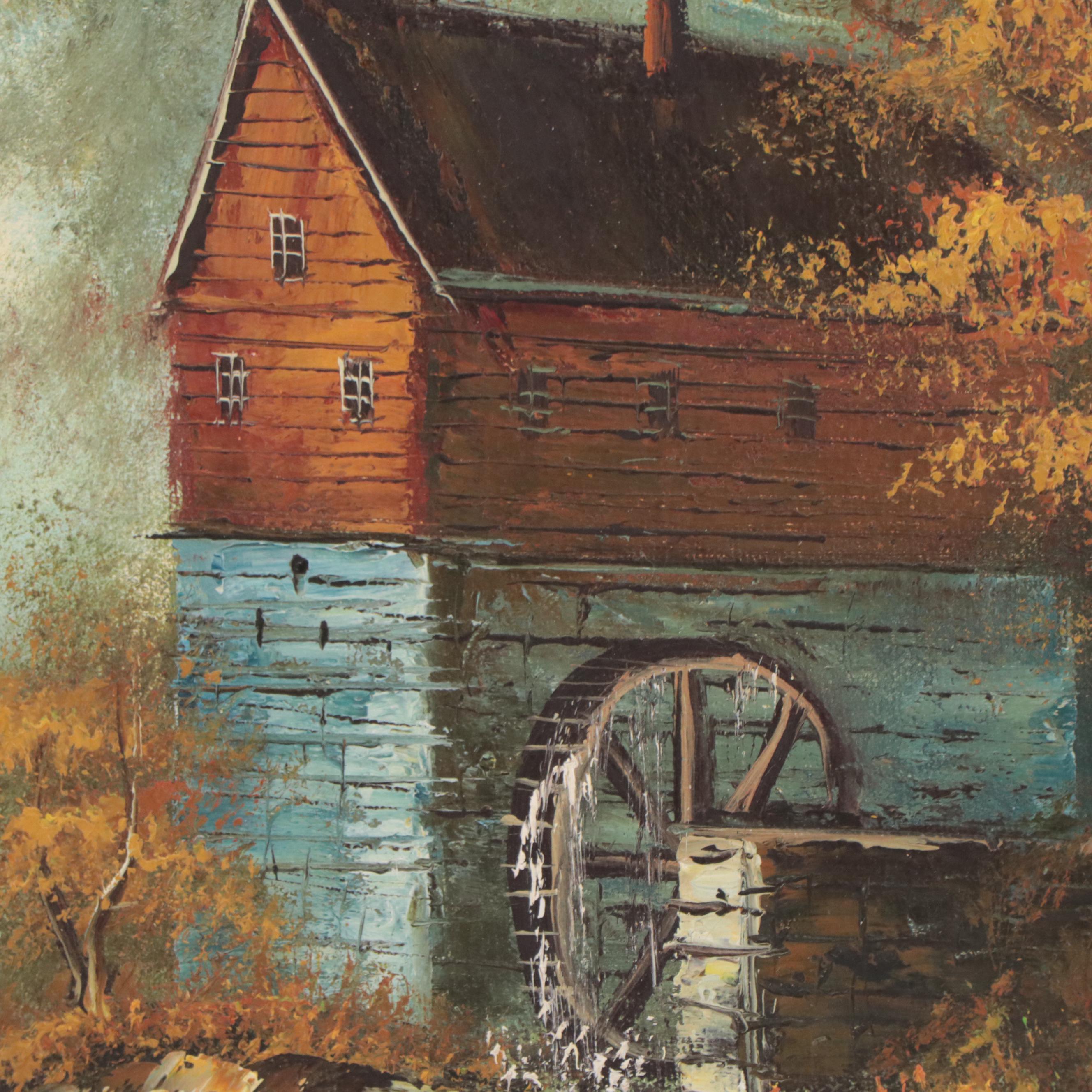Autumn Landscape Oil Painting of a Watermill, Circa 1975