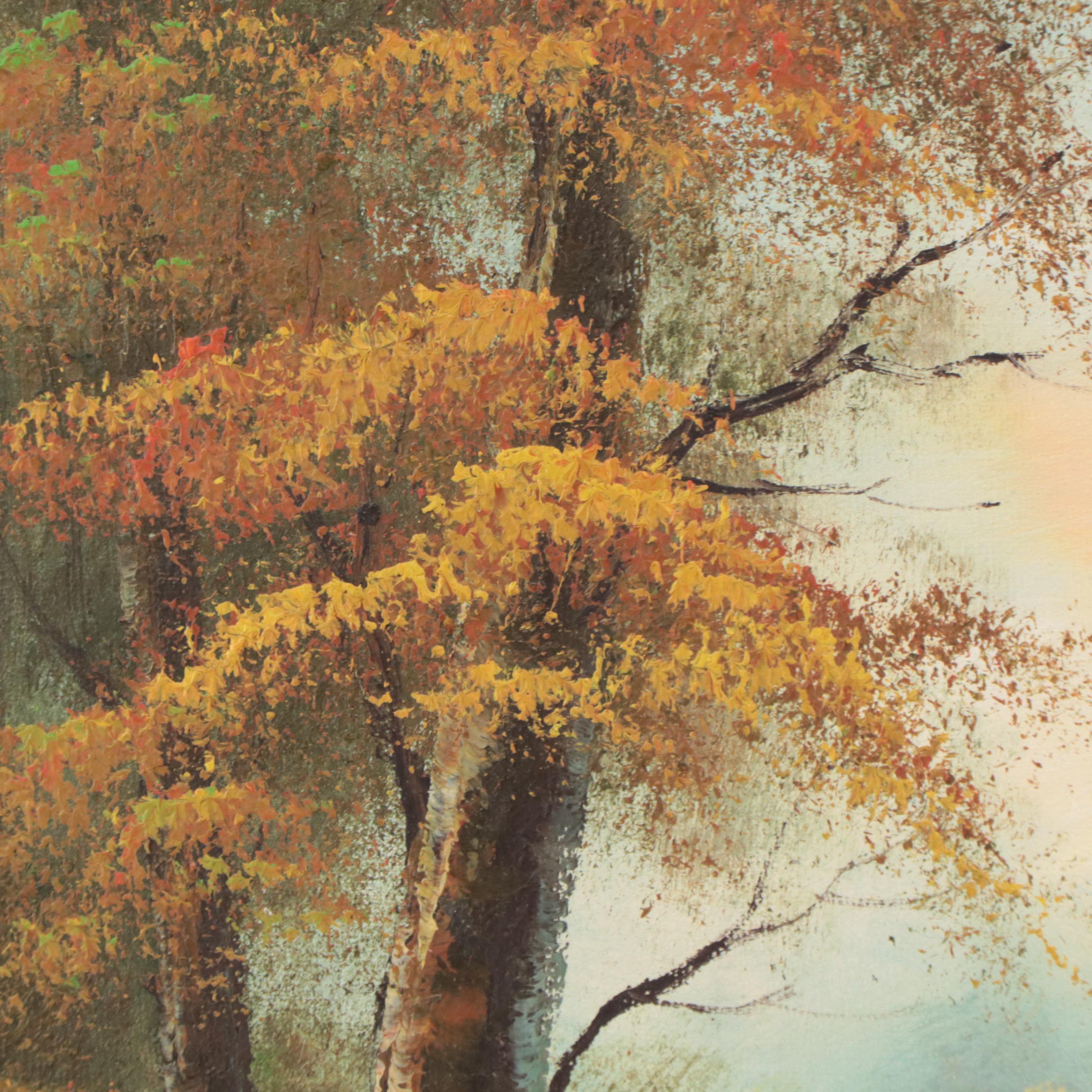 Autumn Landscape Oil Painting of a Watermill, Circa 1975