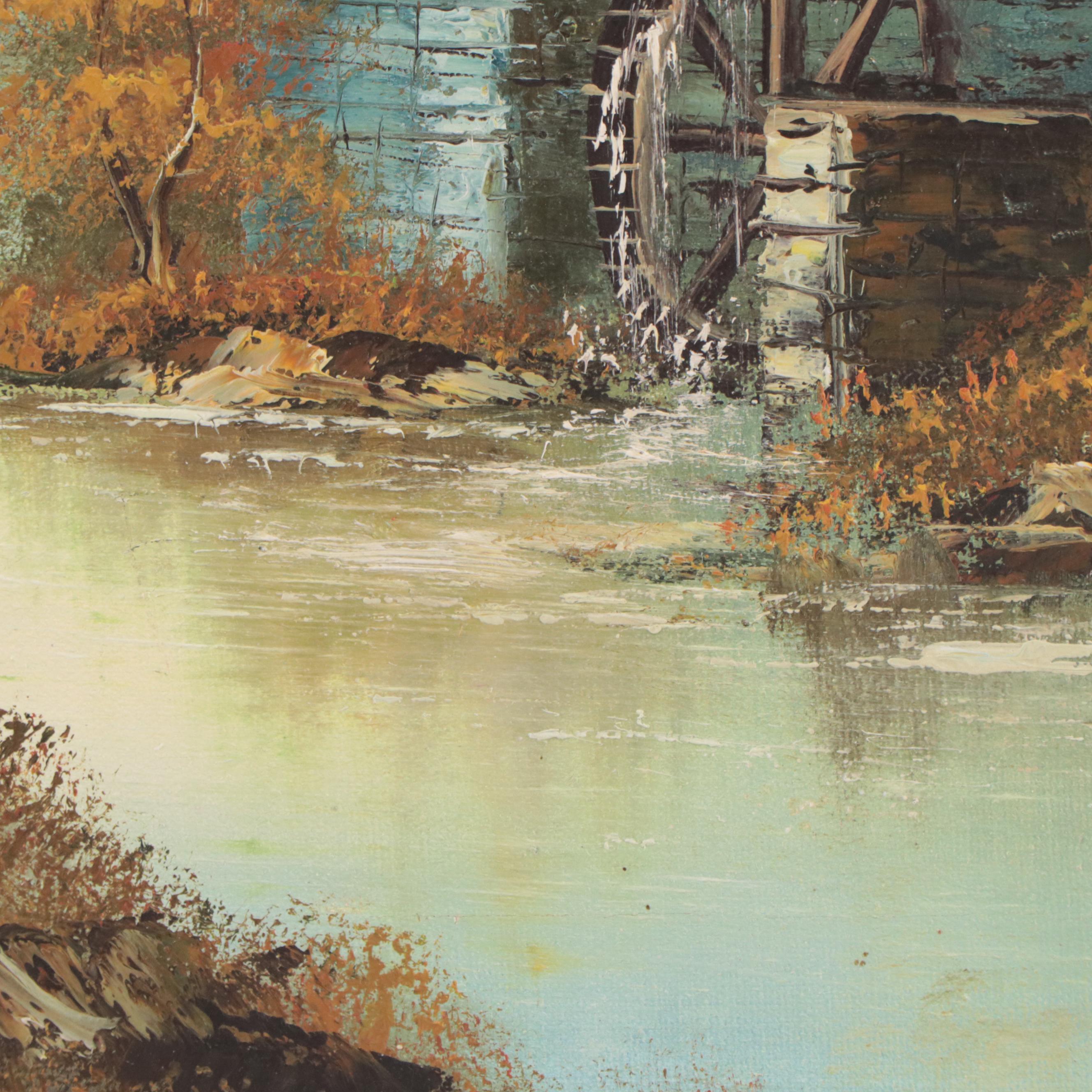 Autumn Landscape Oil Painting of a Watermill, Circa 1975