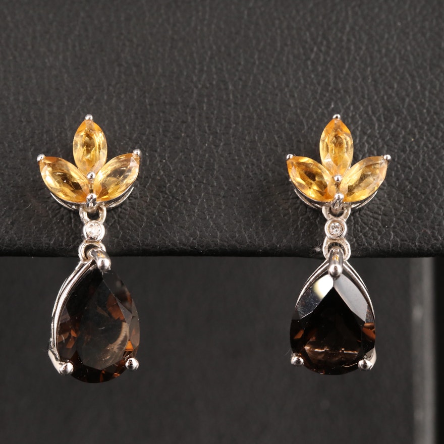 Sterling Smoky Quartz, Citrine and Diamond Earrings