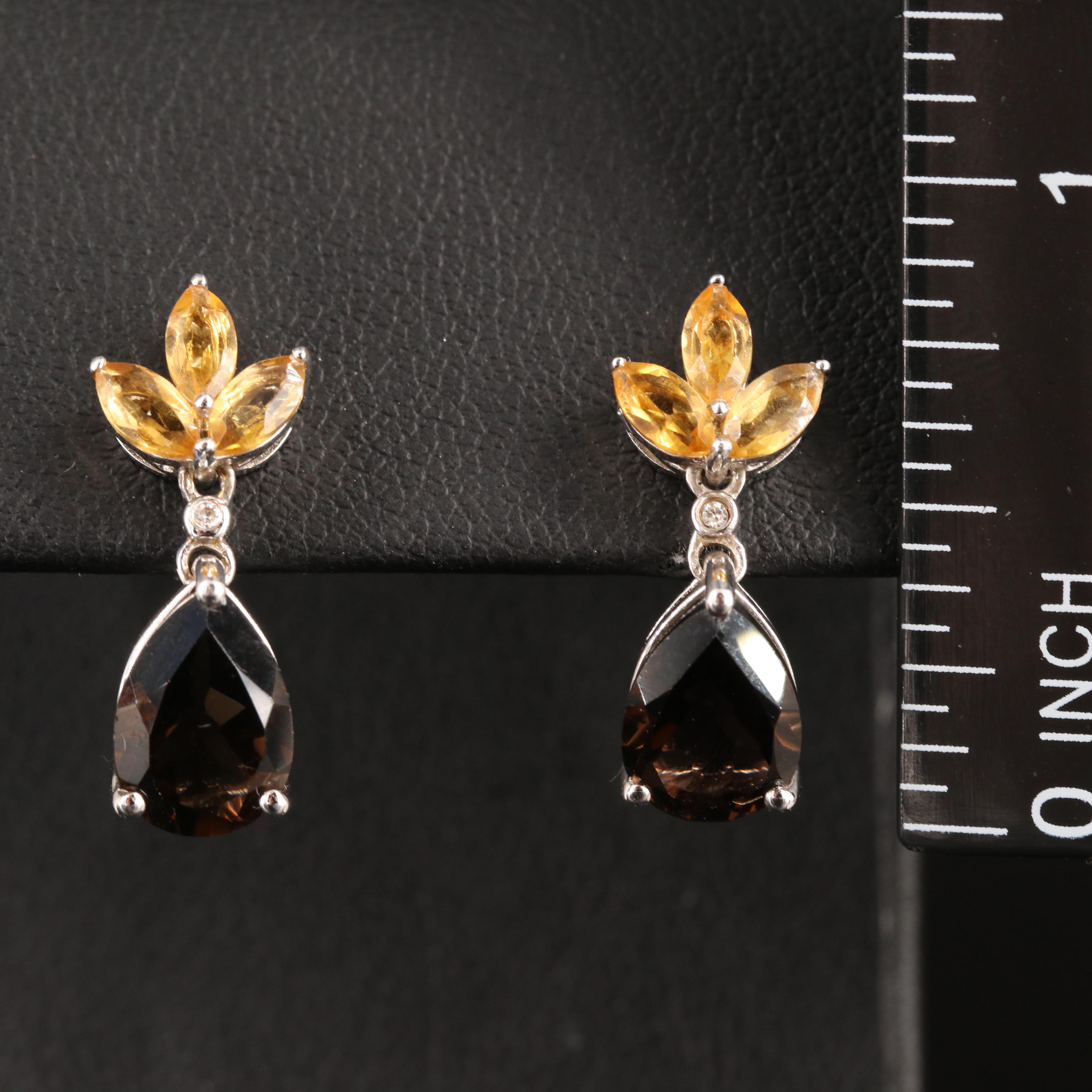Sterling Smoky Quartz, Citrine and Diamond Earrings