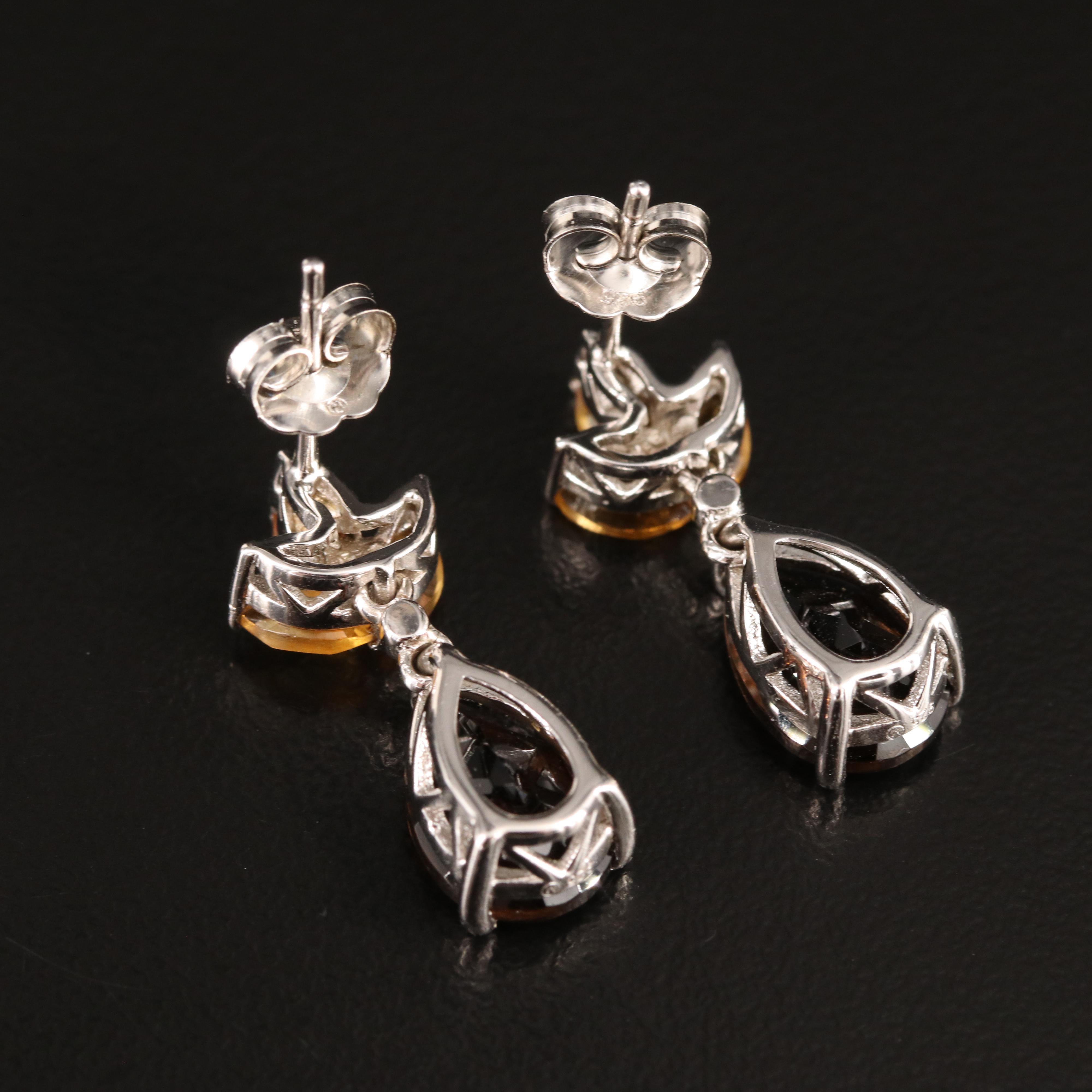 Sterling Smoky Quartz, Citrine and Diamond Earrings