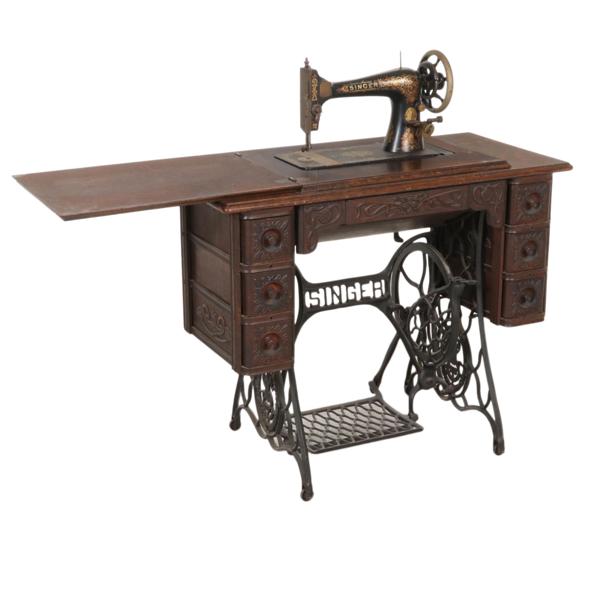 Singer Model 27-4 Treadle Sewing Machine in Oak and Iron Cabinet, Circa 1906