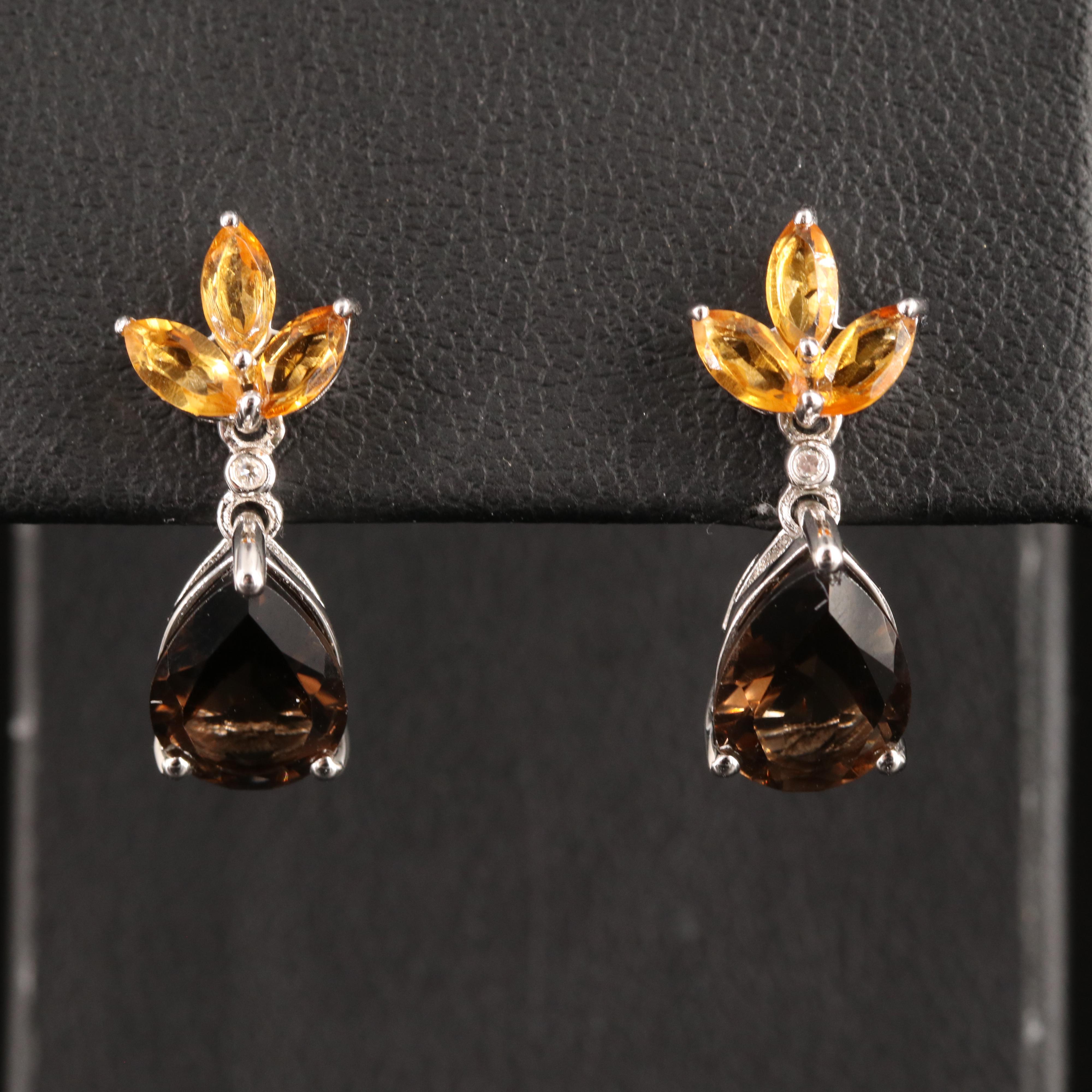 Sterling Smoky Quartz, Citrine and Diamond Earrings