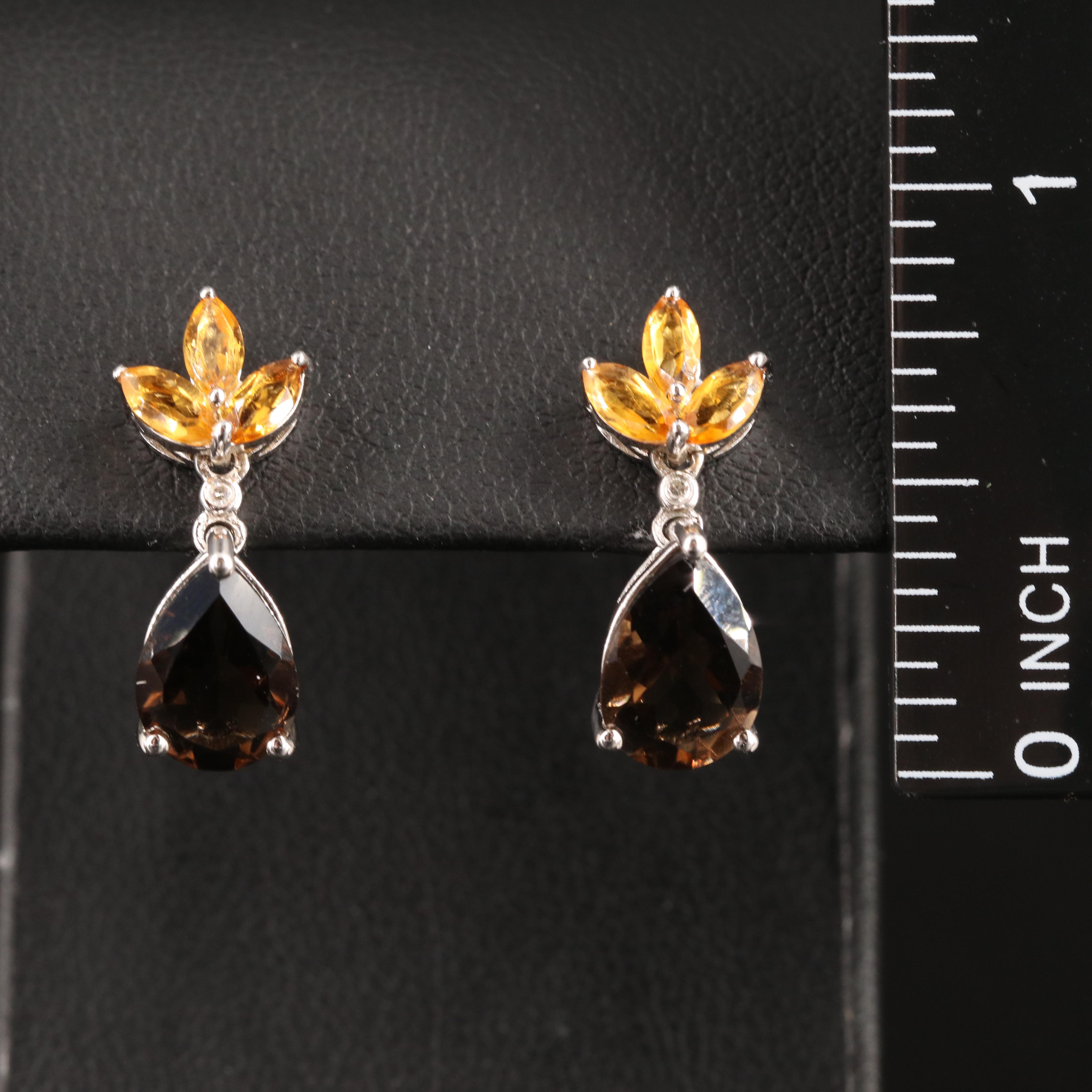 Sterling Smoky Quartz, Citrine and Diamond Earrings