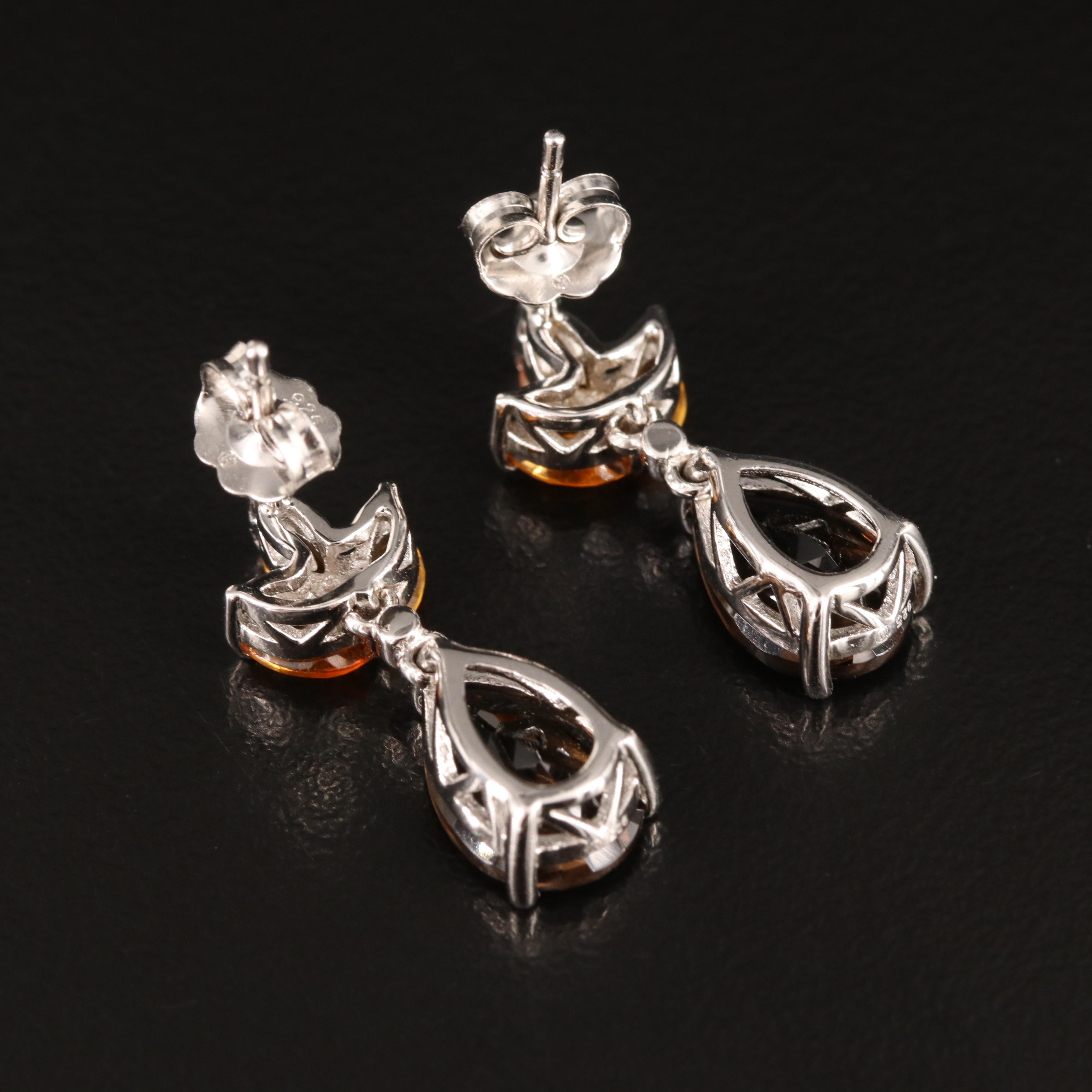 Sterling Smoky Quartz, Citrine and Diamond Earrings