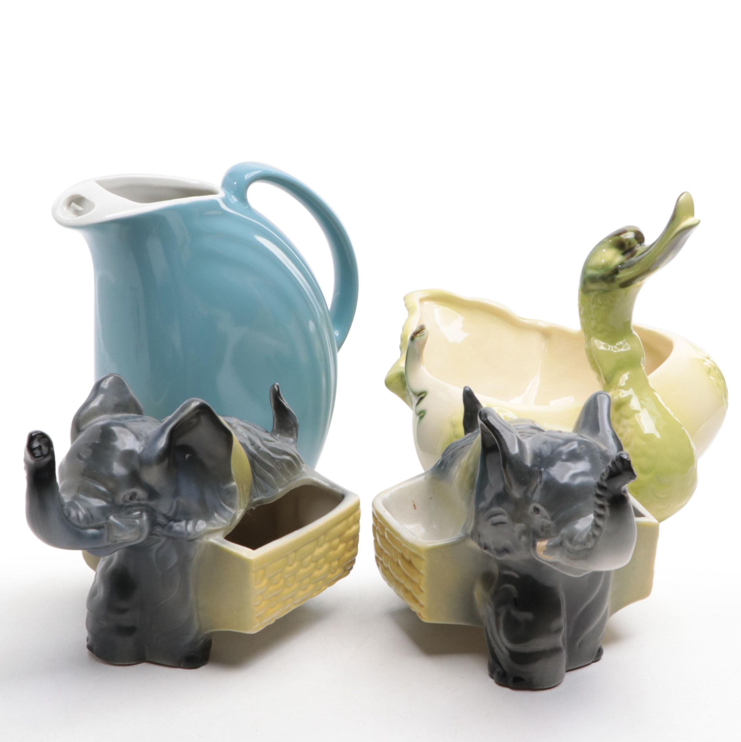 Hull Pottery Swan Planter with Hall Pitcher and Elephant Planter Vases