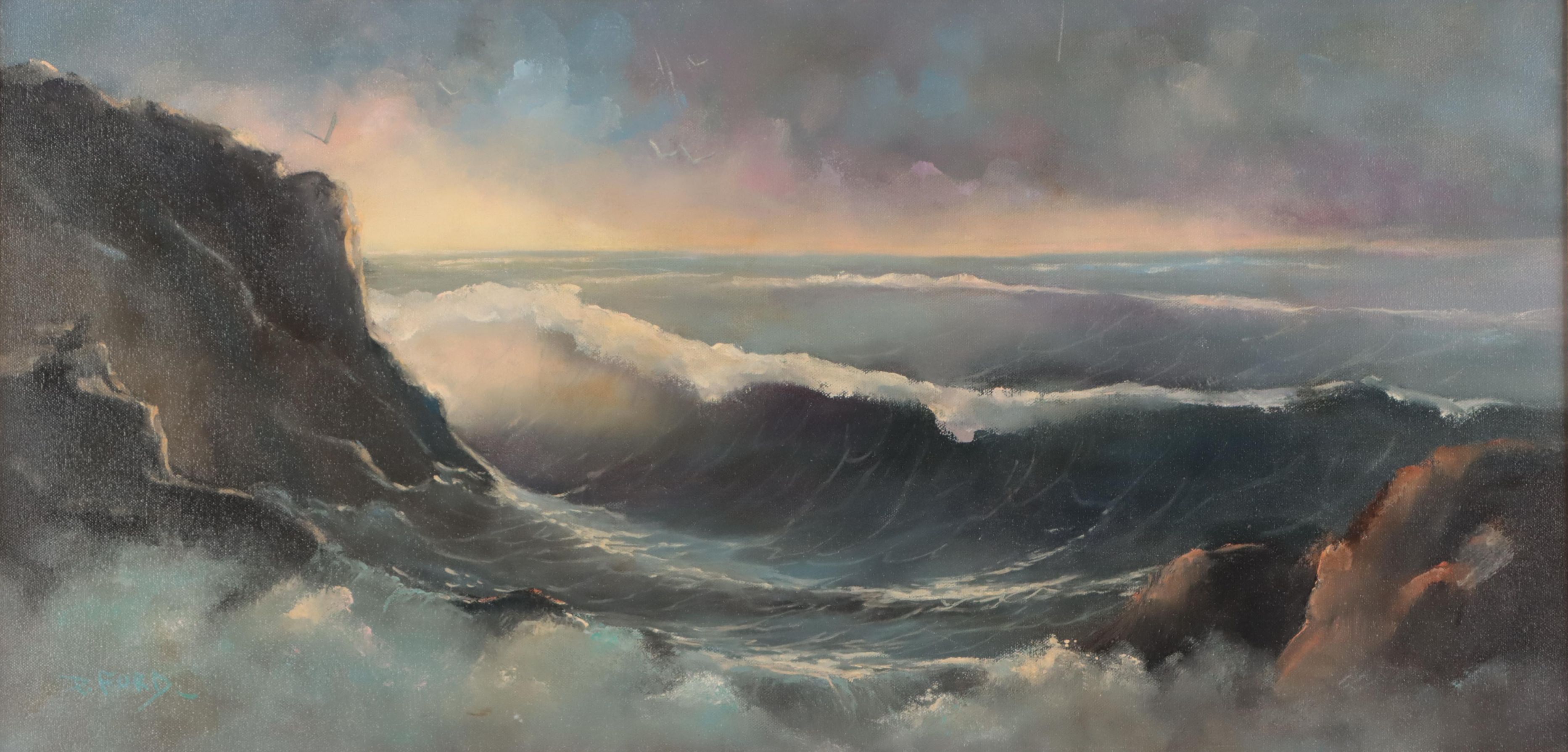 Pat Ford Oil Painting of Seascape "Sunrise Surf," 1983