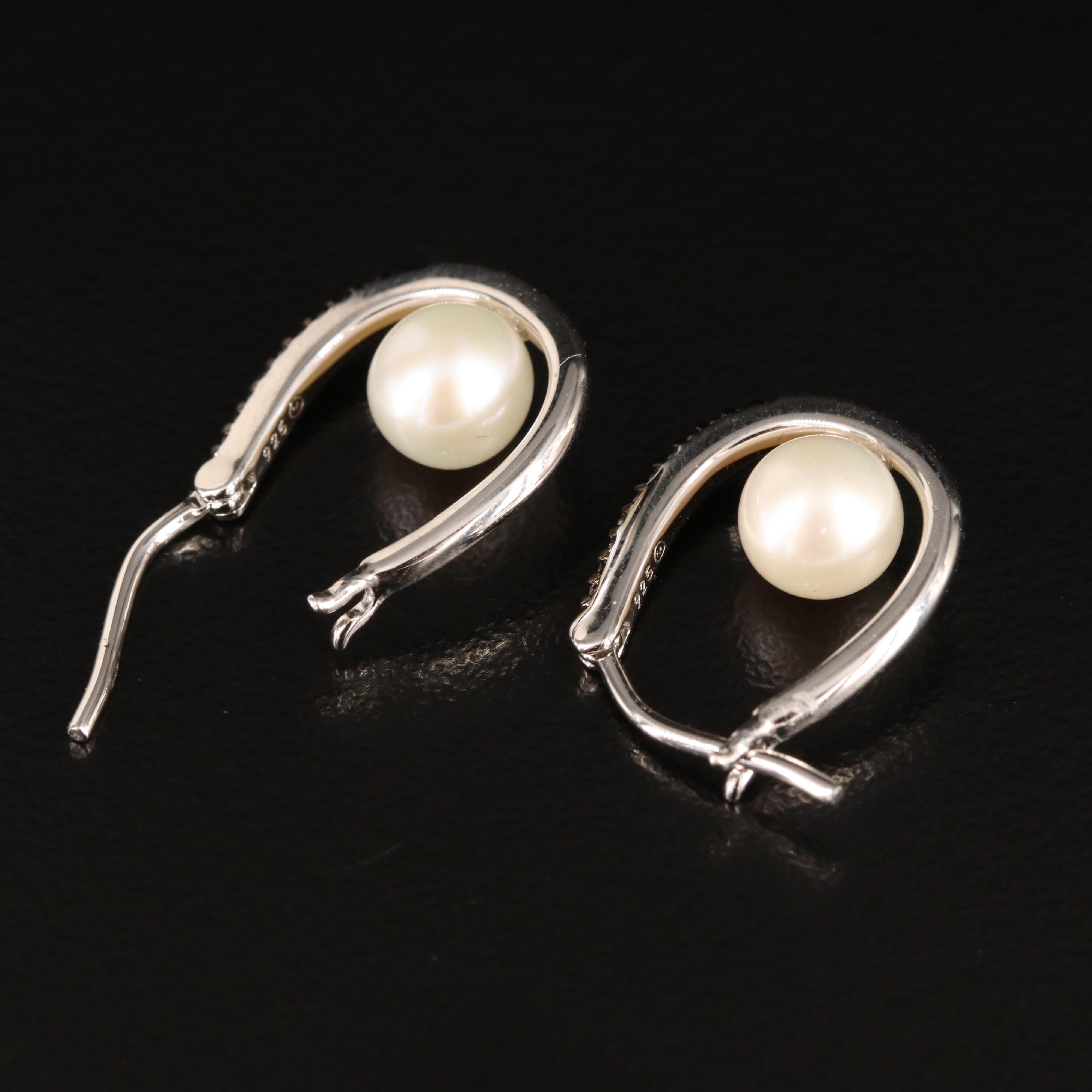 Sterling Pearl and Diamond Hoop Earrings