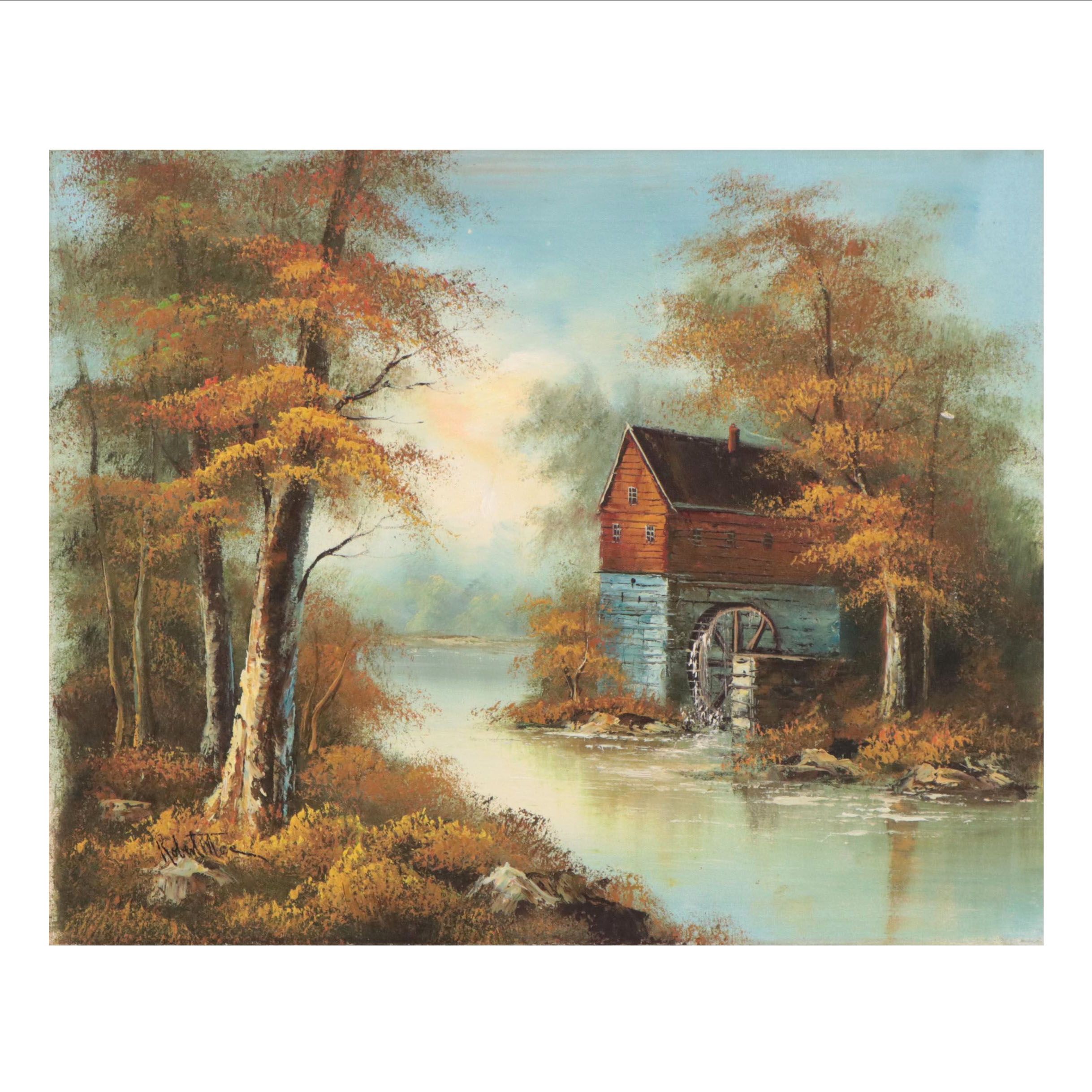 Autumn Landscape Oil Painting of a Watermill, Circa 1975