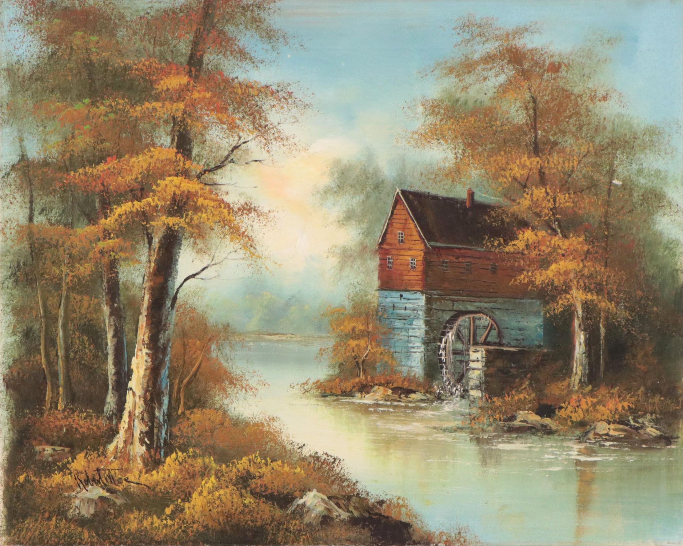 Autumn Landscape Oil Painting of a Watermill, Circa 1975