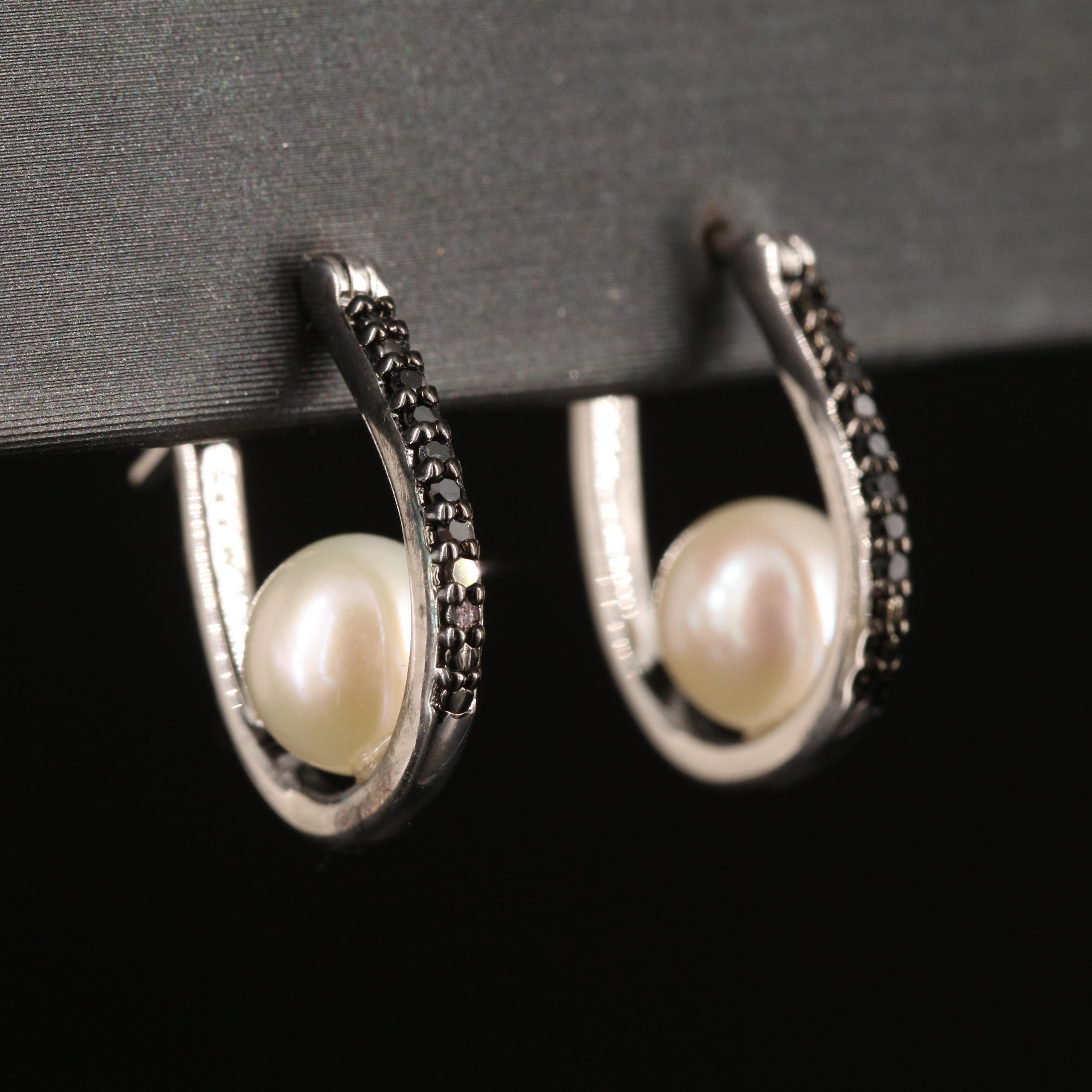 Sterling Pearl and Diamond Hoop Earrings
