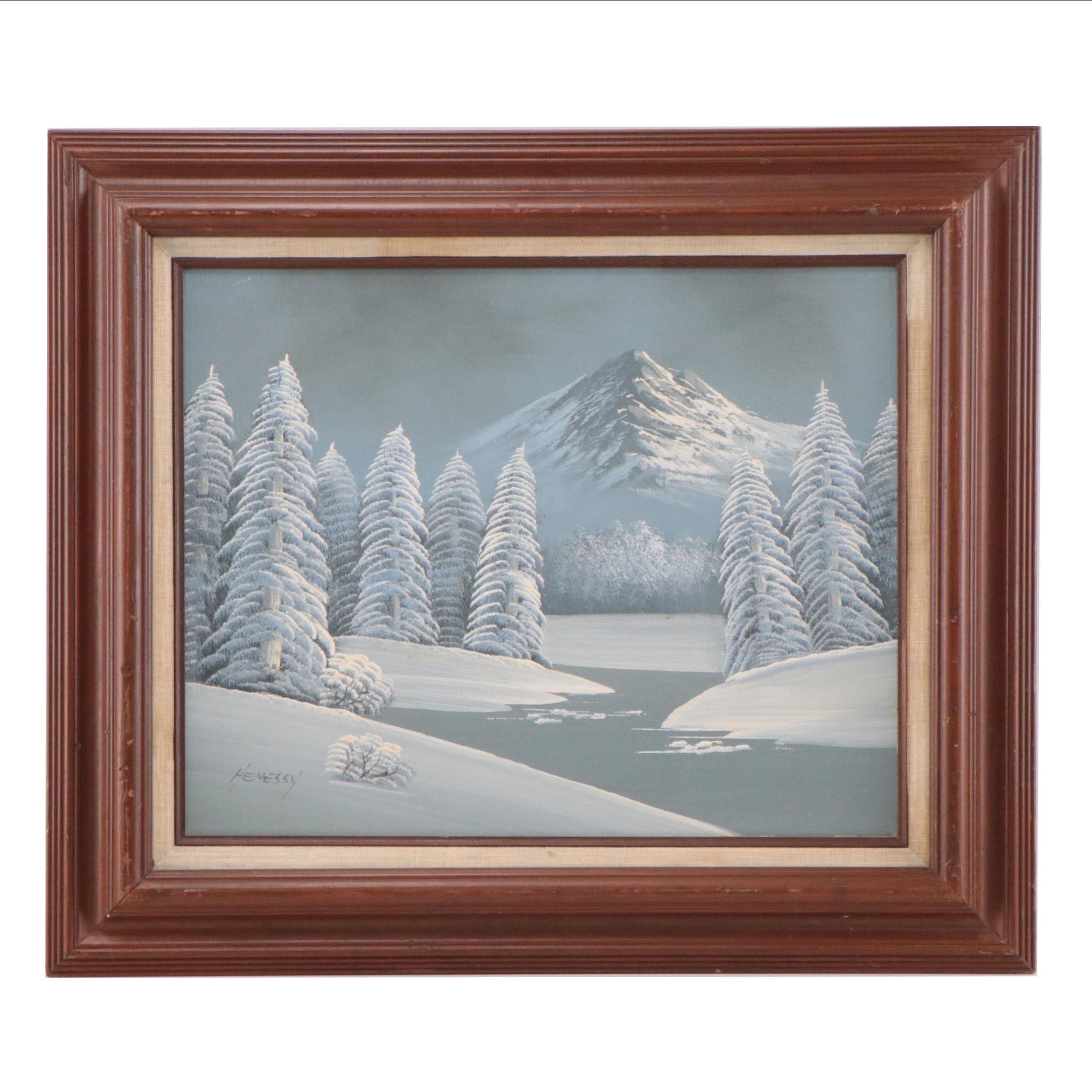 Winter Mountain Landscape Oil Painting, Circa 1975
