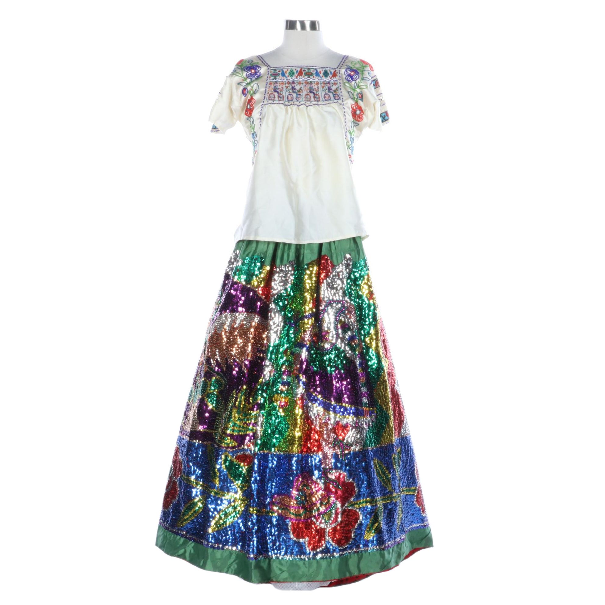 Vintage China Poblana Mexican Dress in Multicolor Beaded and Sequined Motifs