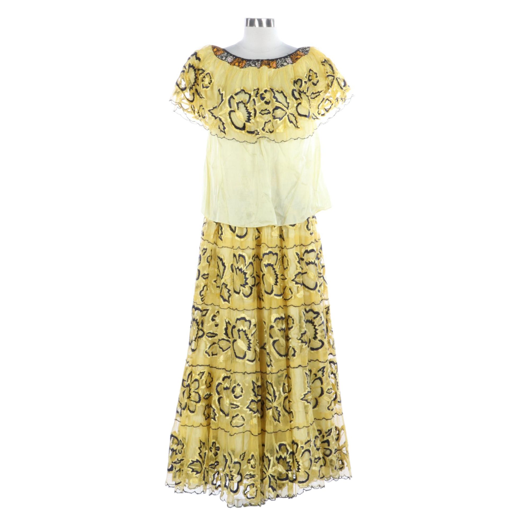 Vintage Mexican Chiapas Dress in Yellow and Black Embroidery