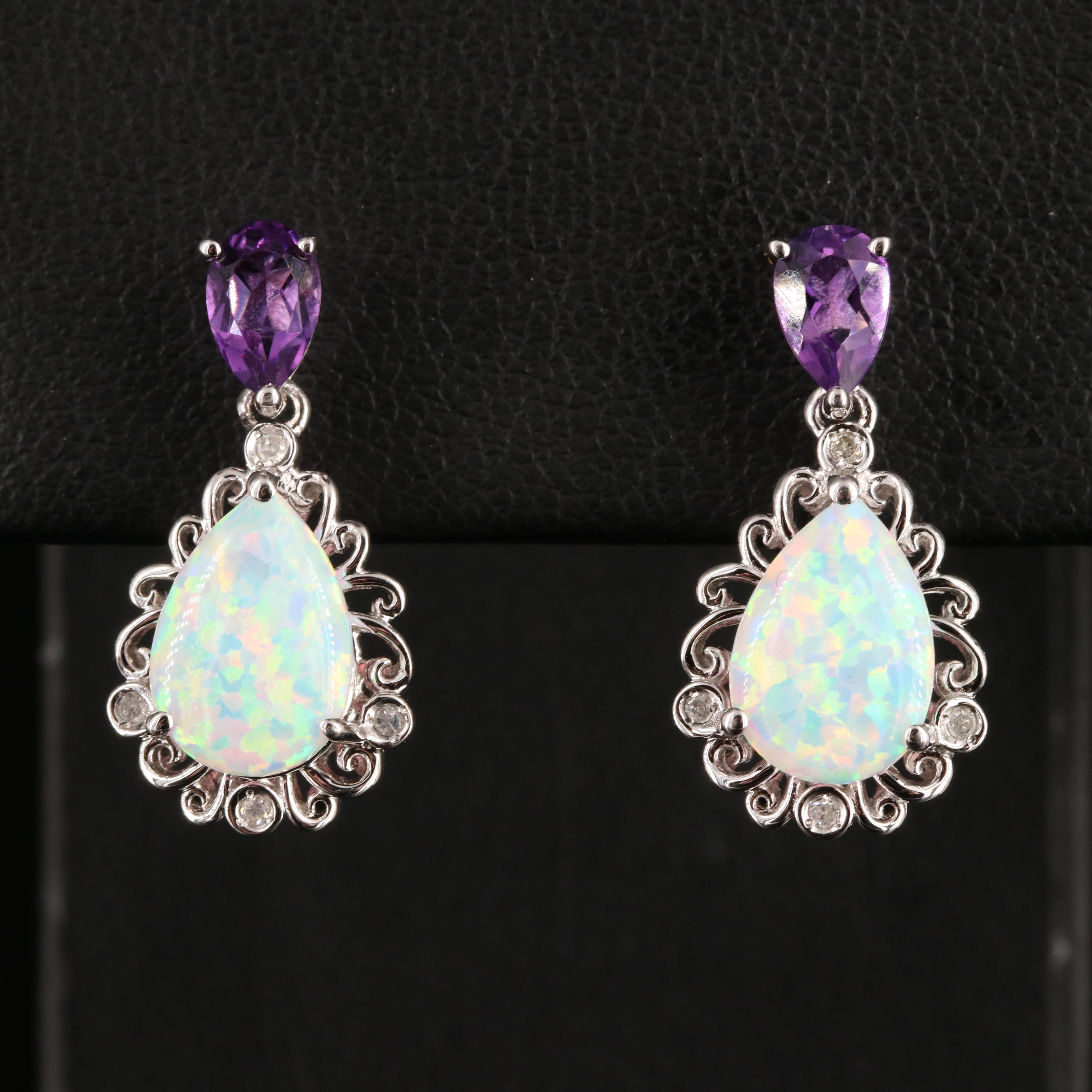 Sterling Opal, Amethyst and Diamond Teardrop Earrings