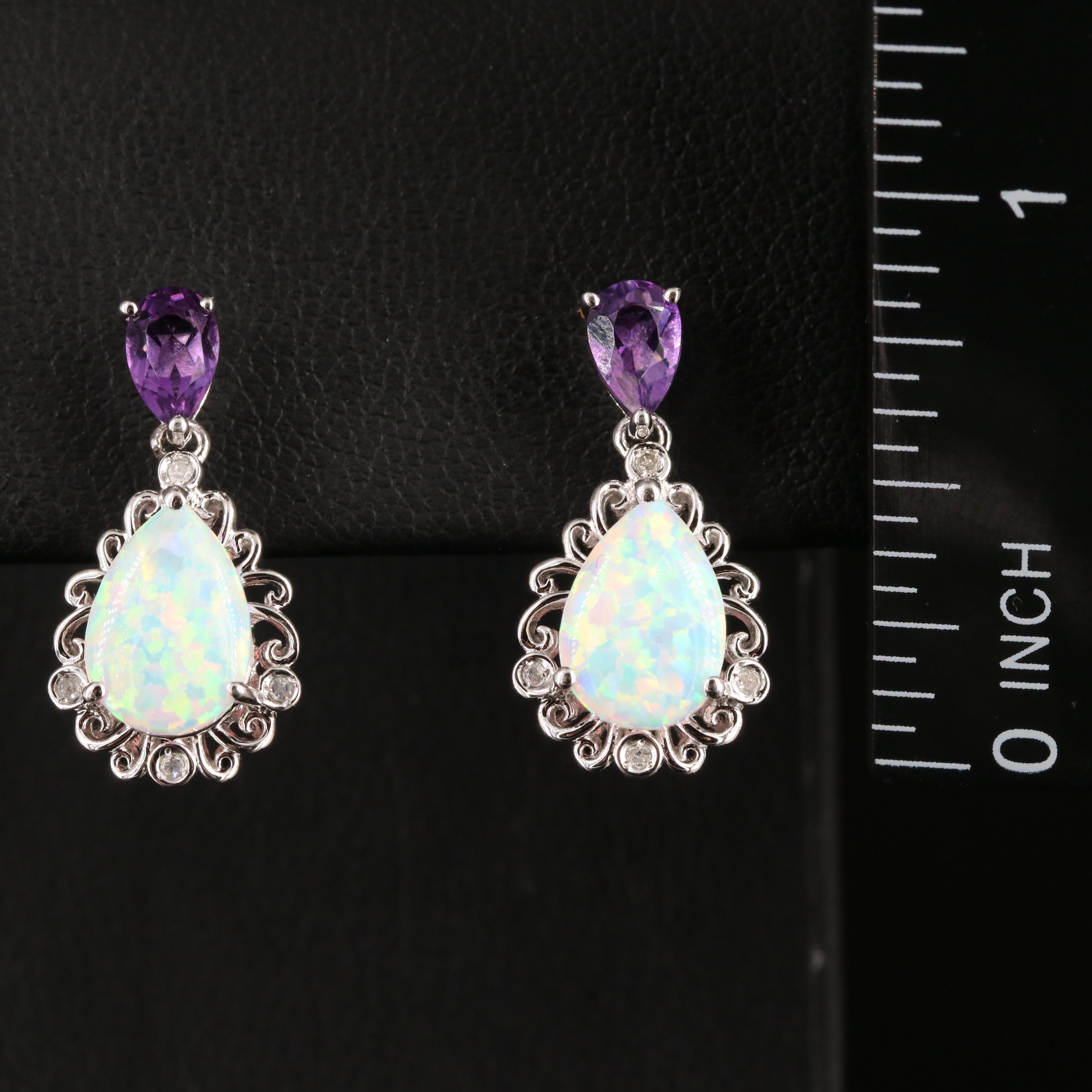 Sterling Opal, Amethyst and Diamond Teardrop Earrings