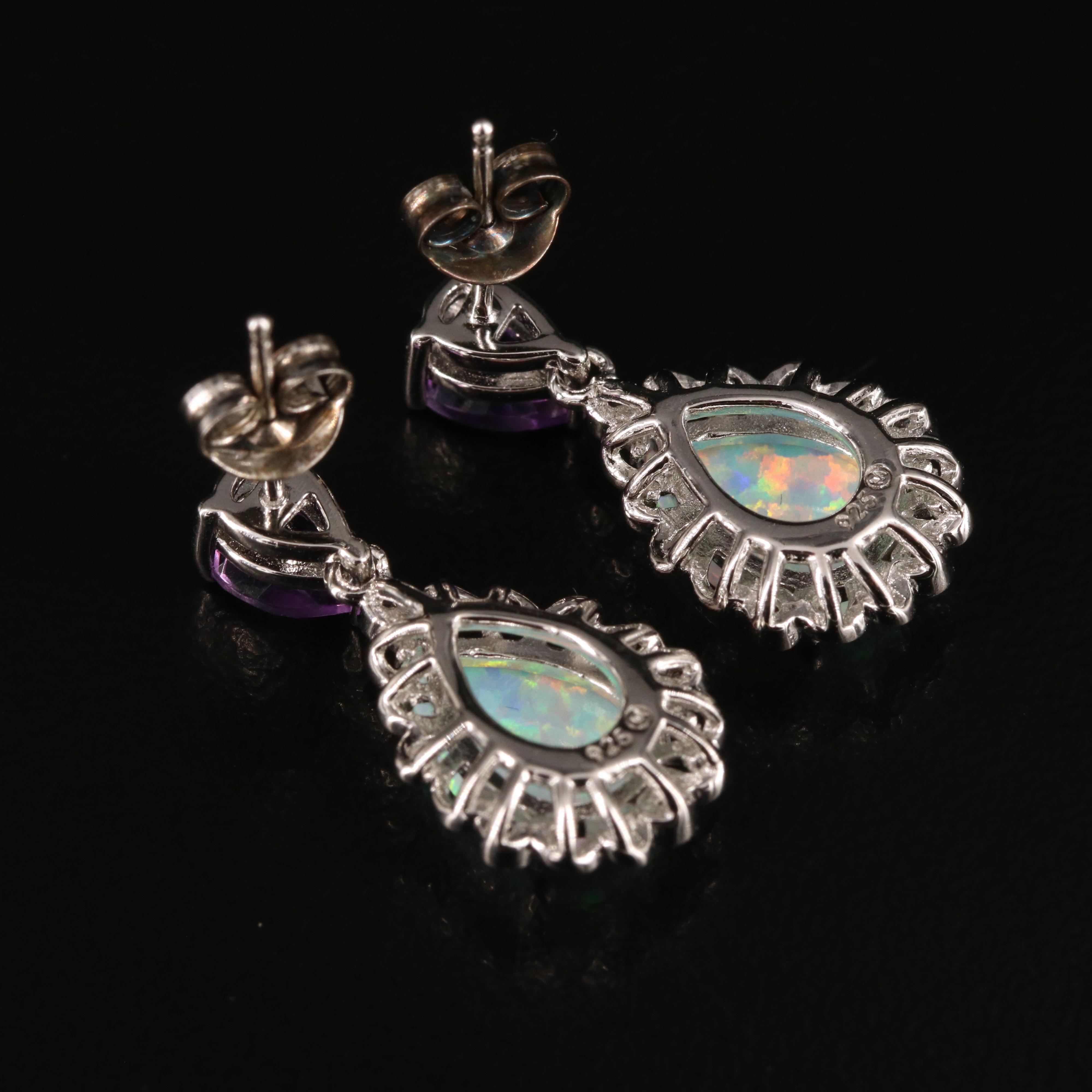 Sterling Opal, Amethyst and Diamond Teardrop Earrings