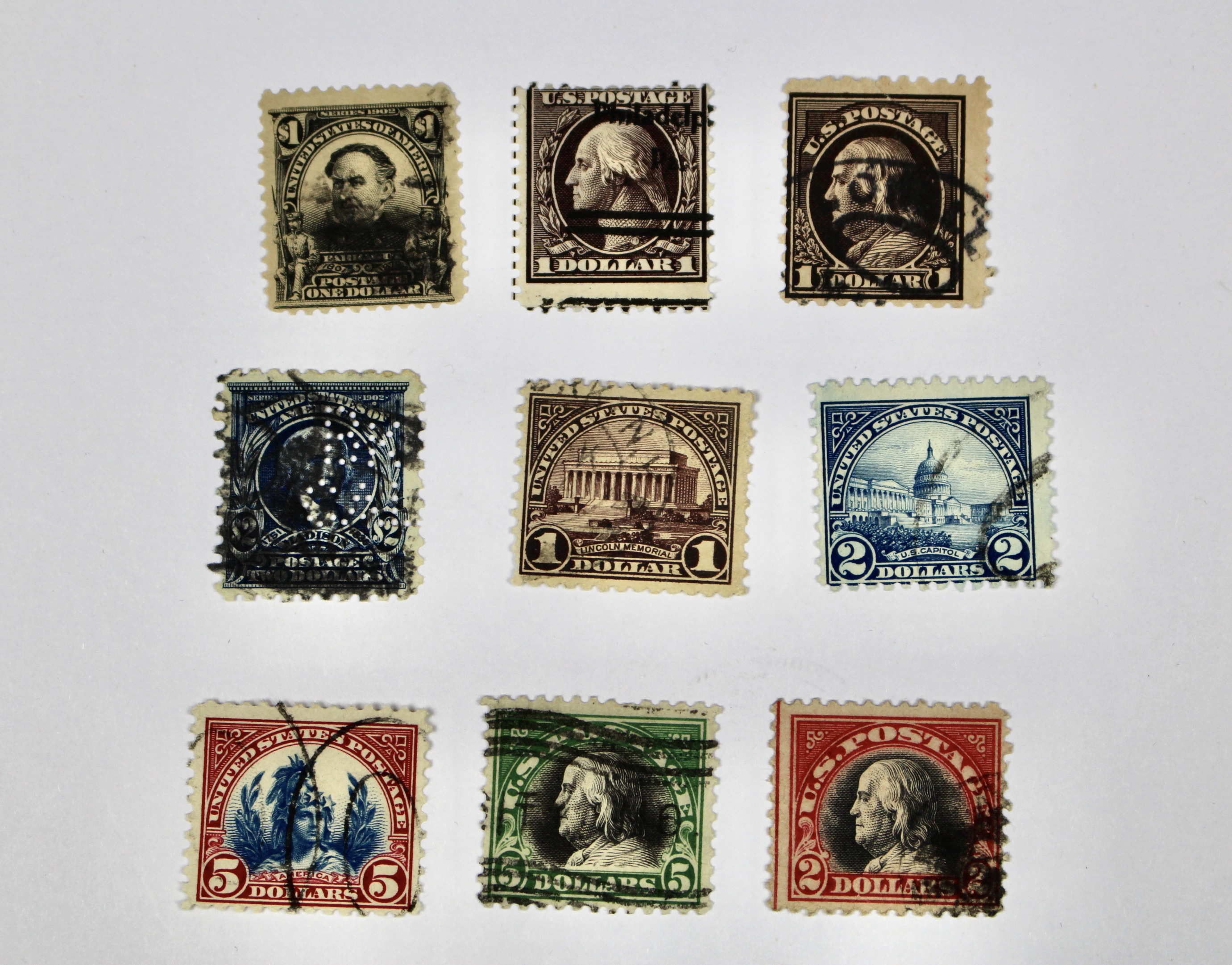 Nine Different $1, $2, $5 Regular Issue U.S. Postage Stamps