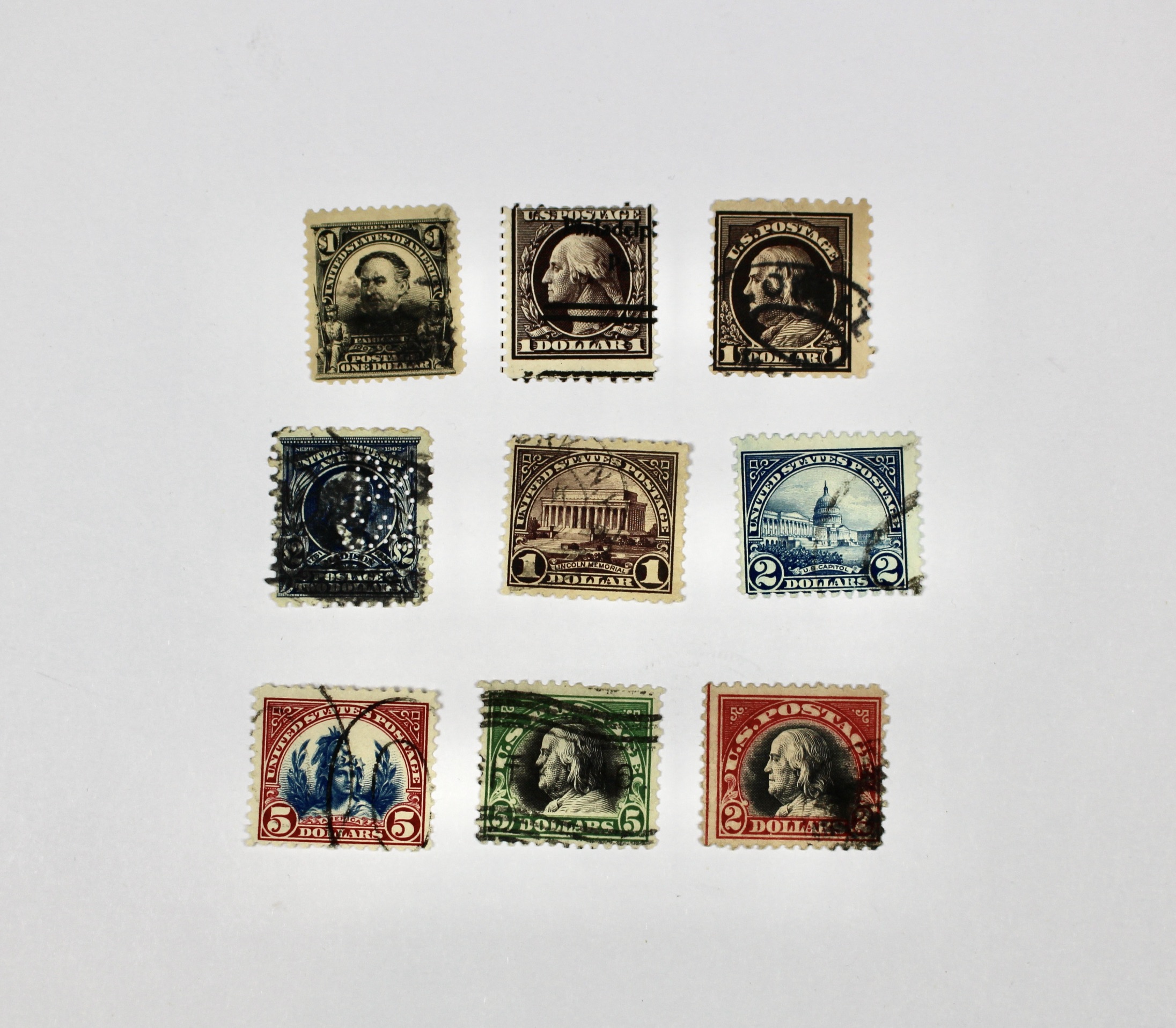 Nine Different $1, $2, $5 Regular Issue U.S. Postage Stamps
