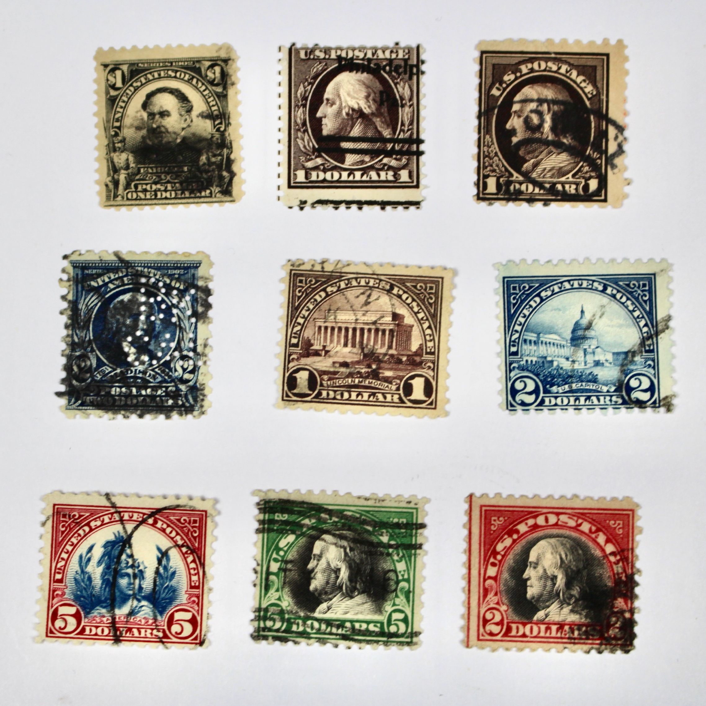 Nine Different $1, $2, $5 Regular Issue U.S. Postage Stamps