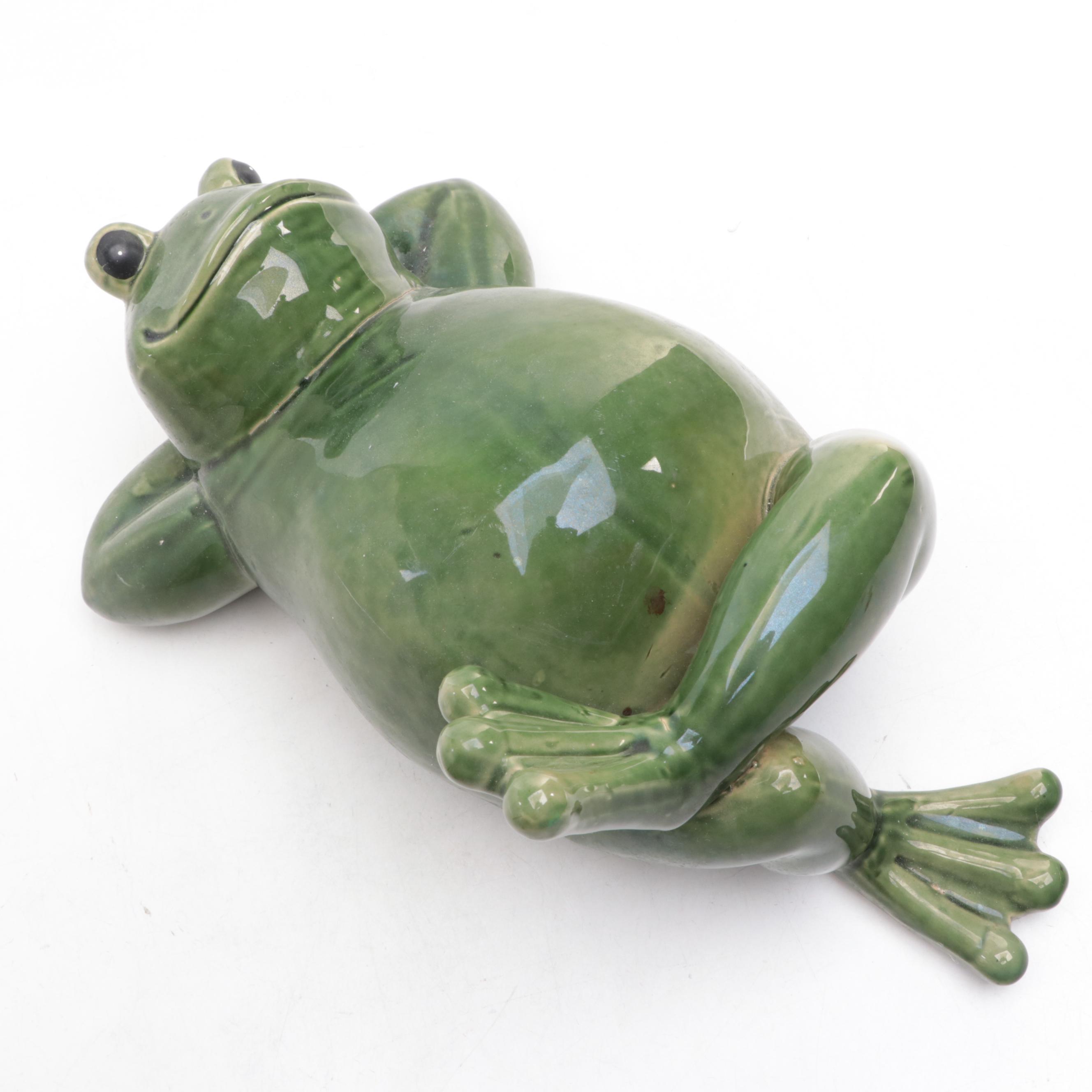 Ceramic Frog Figurine with Wooden Stool