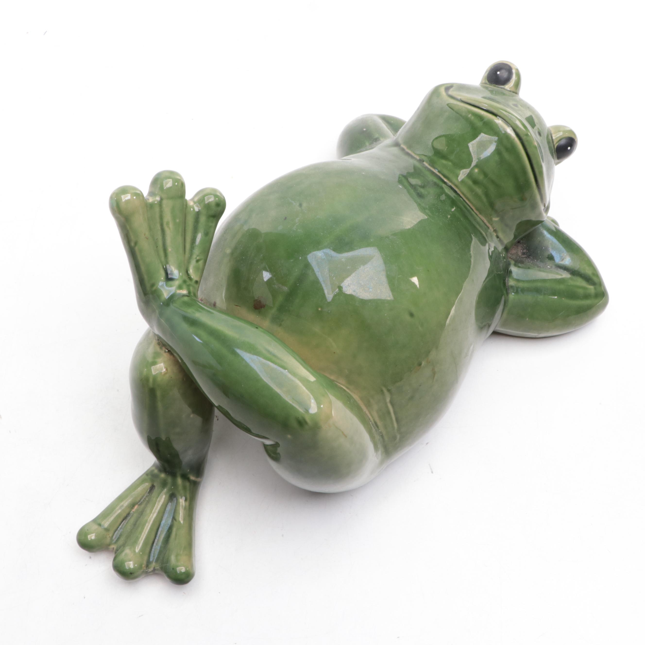 Ceramic Frog Figurine with Wooden Stool