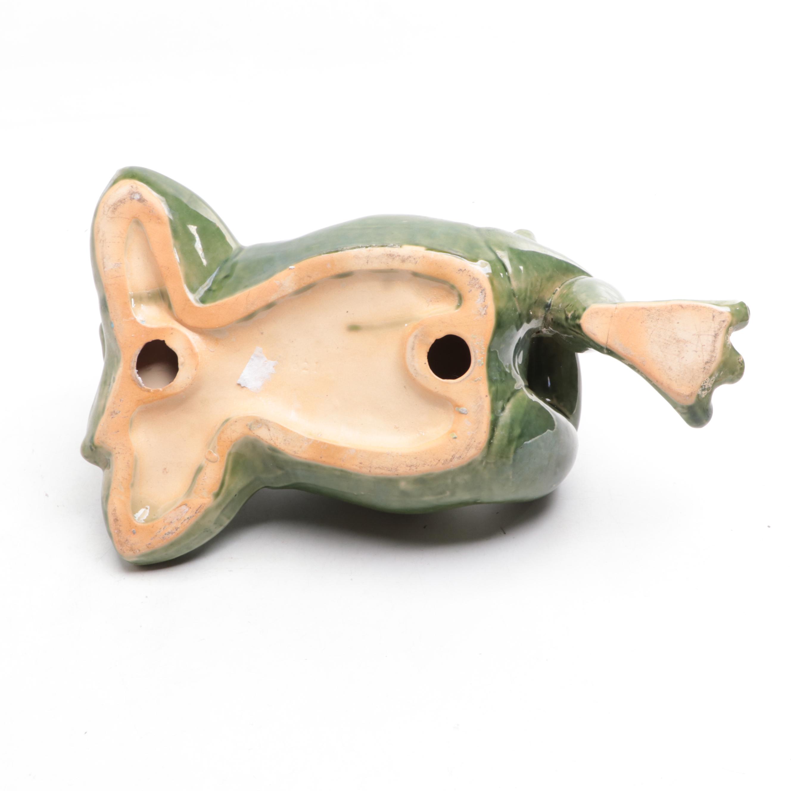 Ceramic Frog Figurine with Wooden Stool