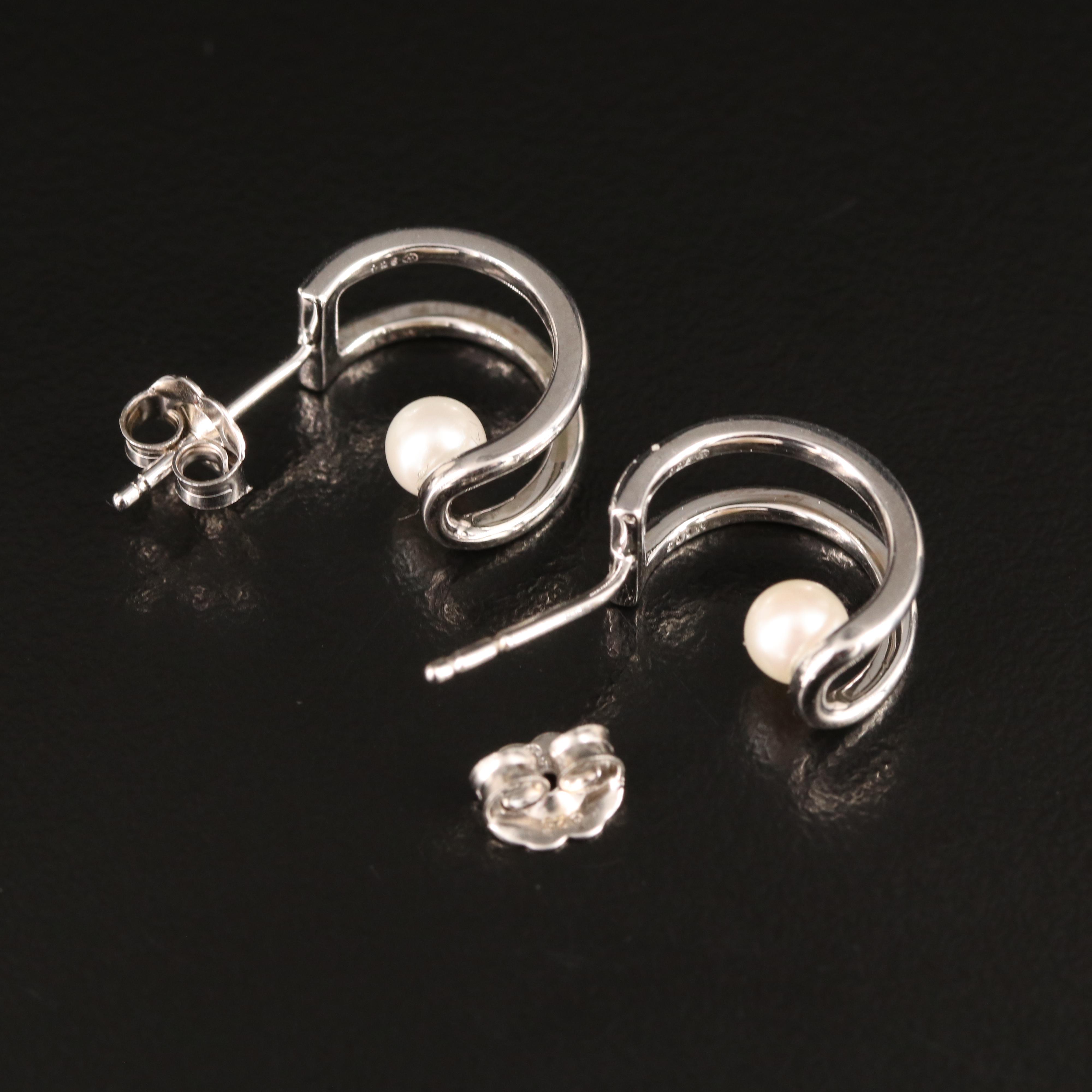 Sterling Pearl Half Hoop Earrings