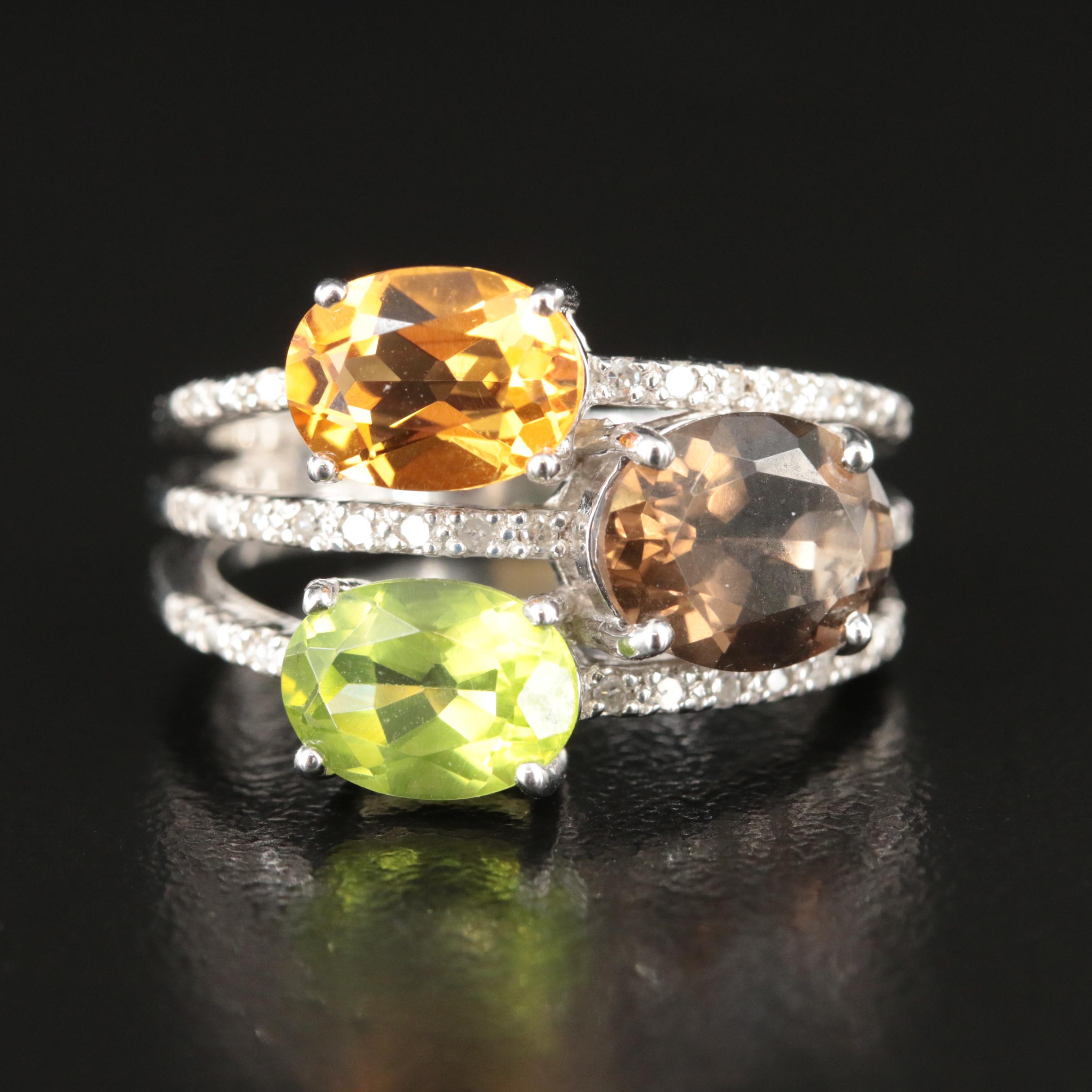 Sterling Garnet, Peridot and Diamond Ring