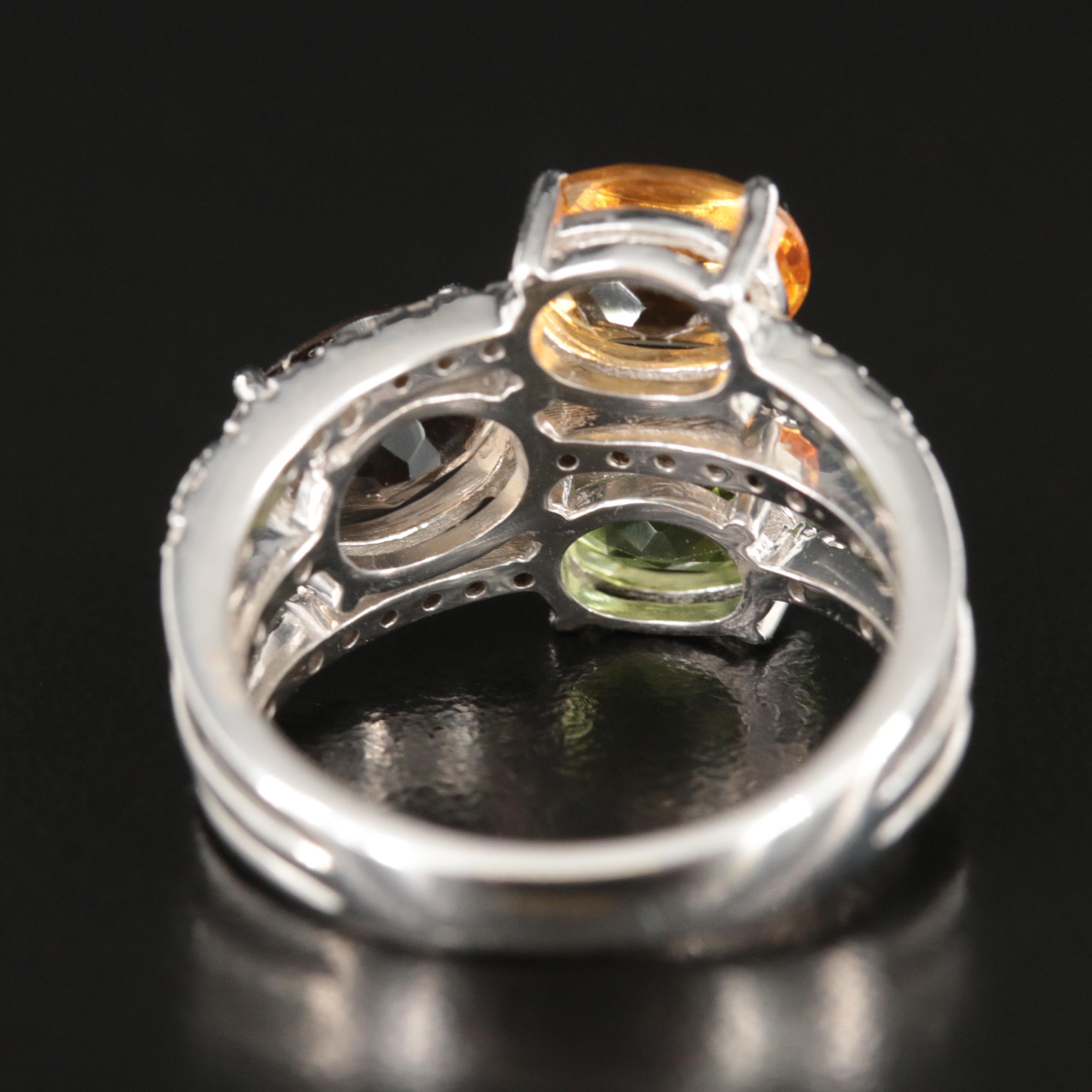 Sterling Garnet, Peridot and Diamond Ring