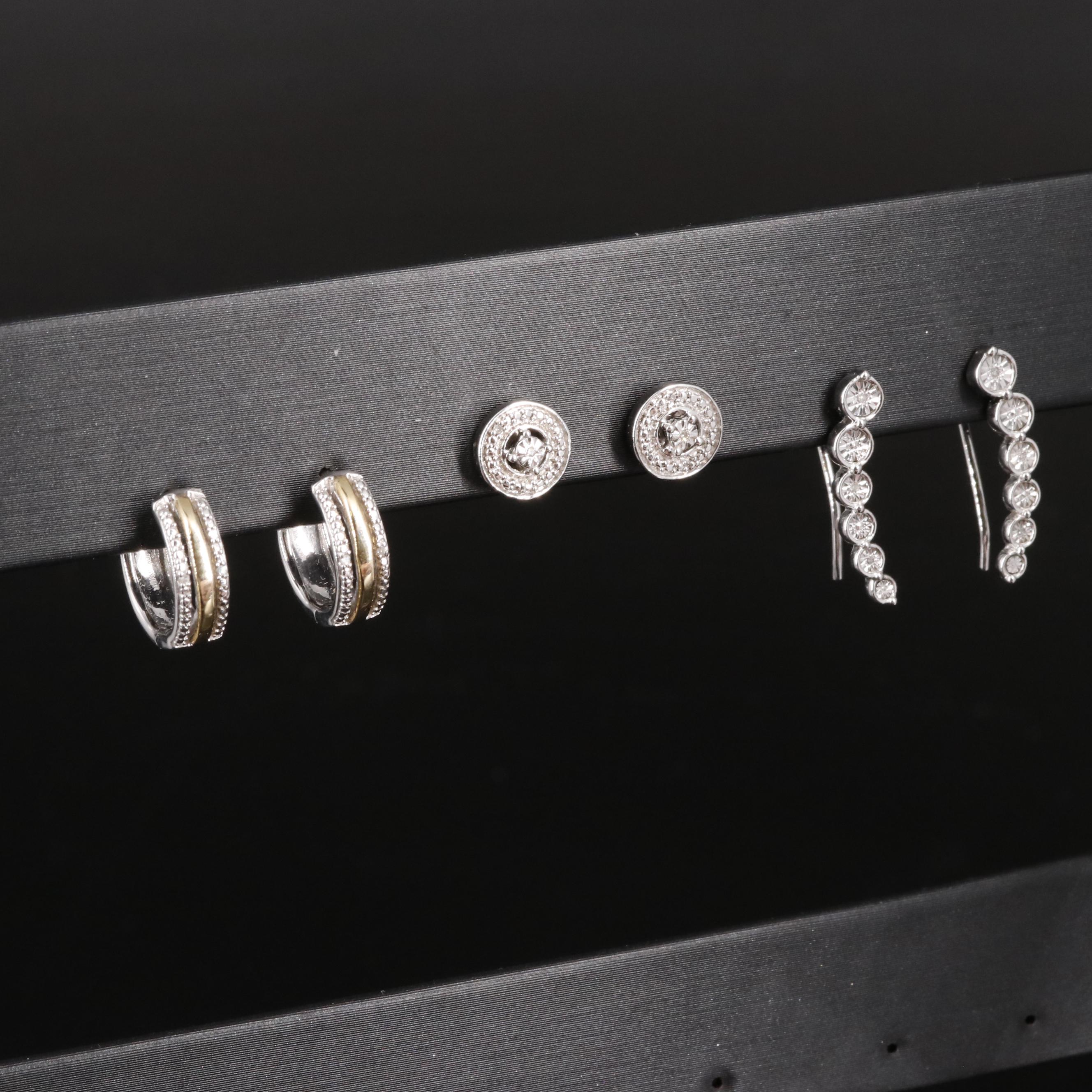 Sterling Diamond Huggie, Drop and Stud Earrings