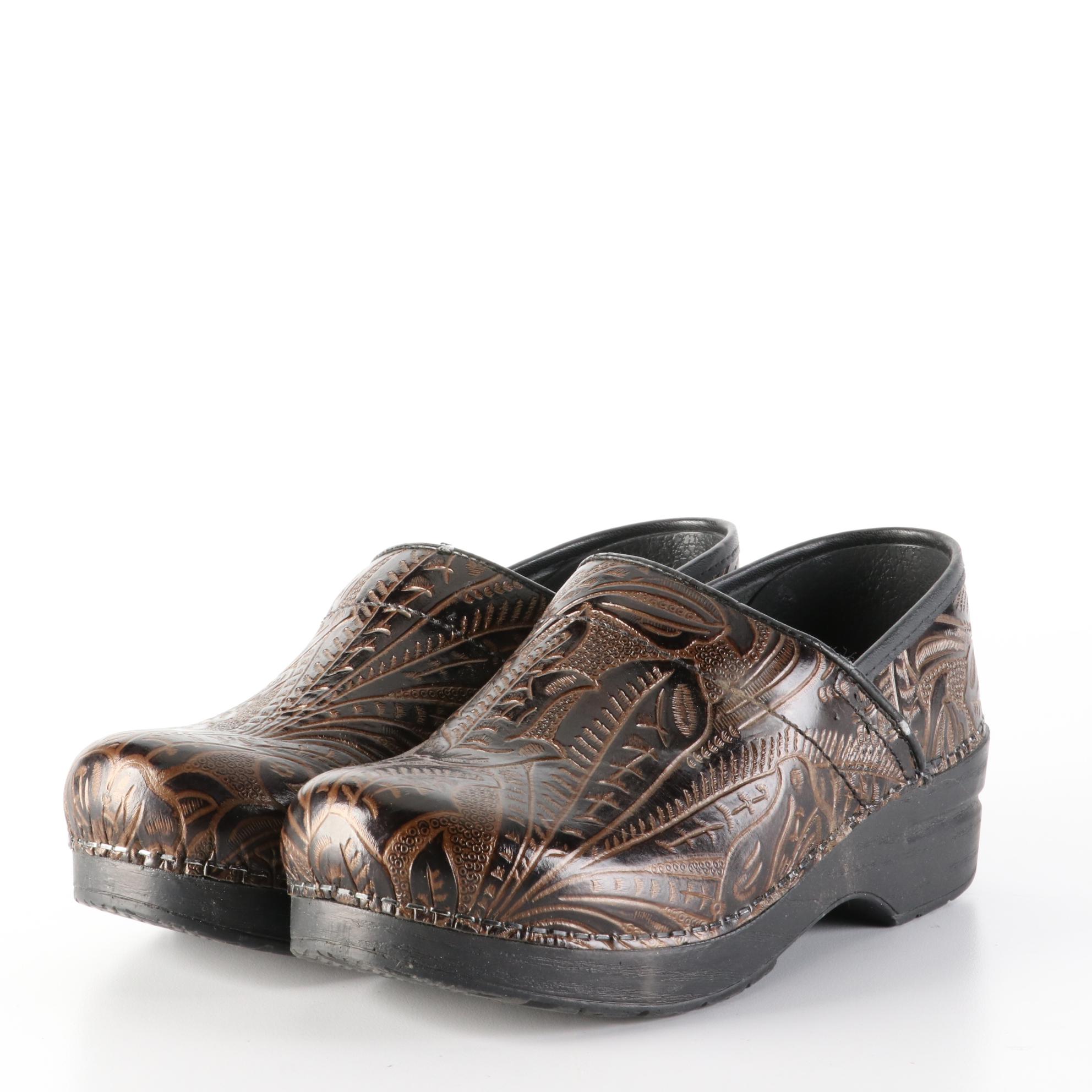 Dansko Clogs in Leather Pattern and Print Velour