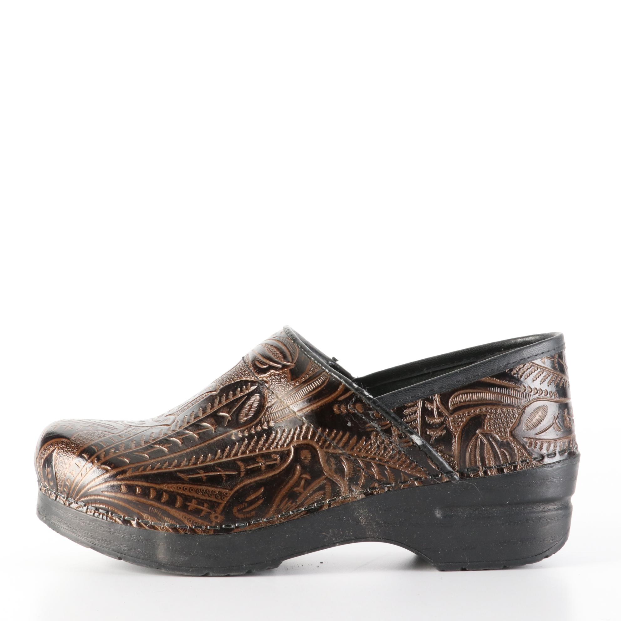 Dansko Clogs in Leather Pattern and Print Velour