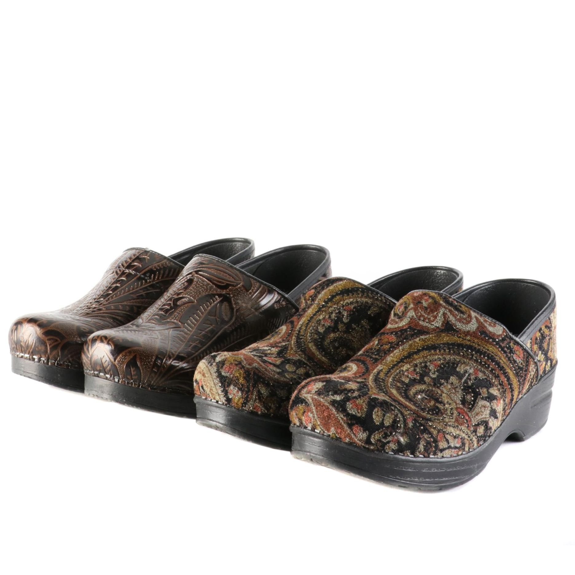 Dansko Clogs in Leather Pattern and Print Velour