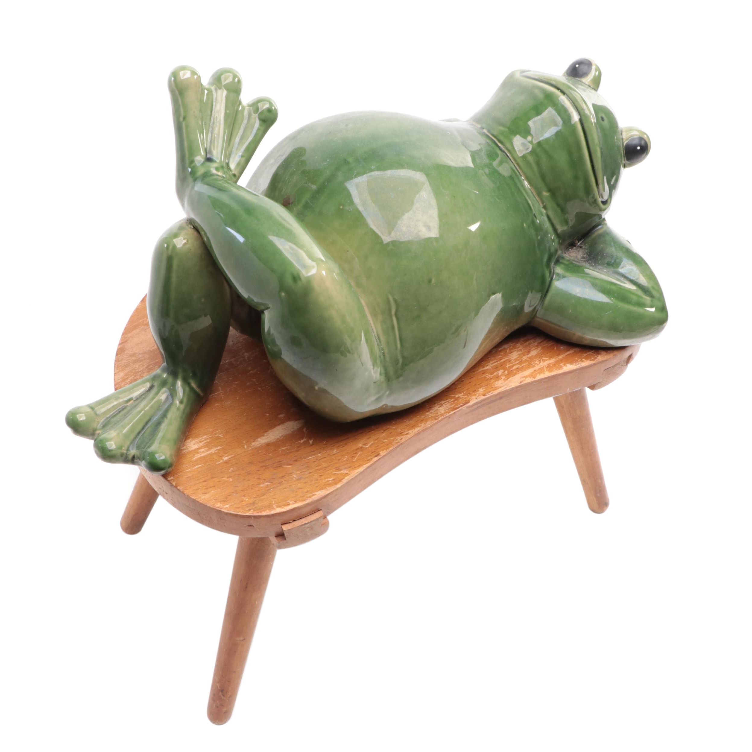 Ceramic Frog Figurine with Wooden Stool