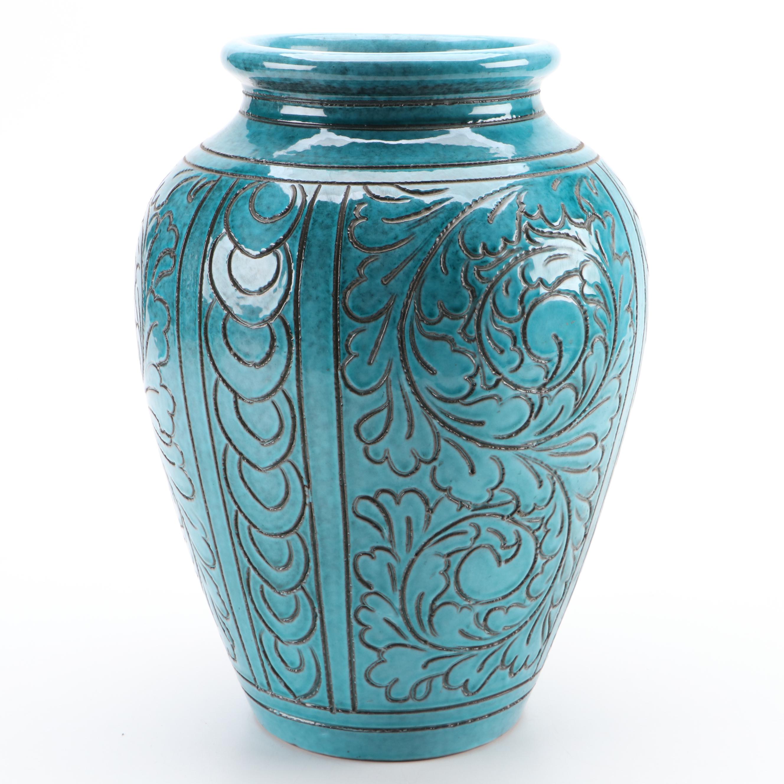 Italian Renaissance Style Turquoise Glazed Sgraffito Pottery Vase
