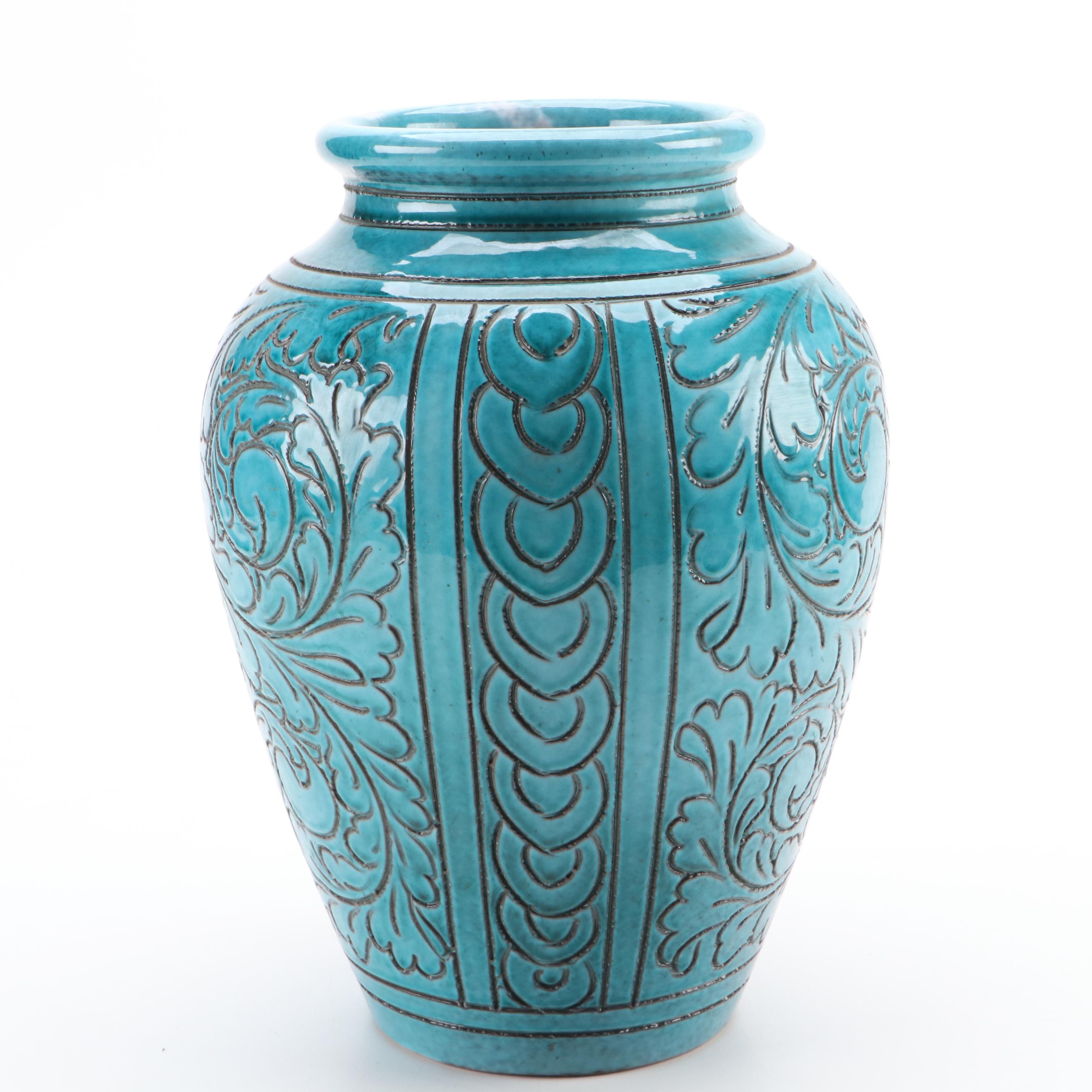 Italian Renaissance Style Turquoise Glazed Sgraffito Pottery Vase