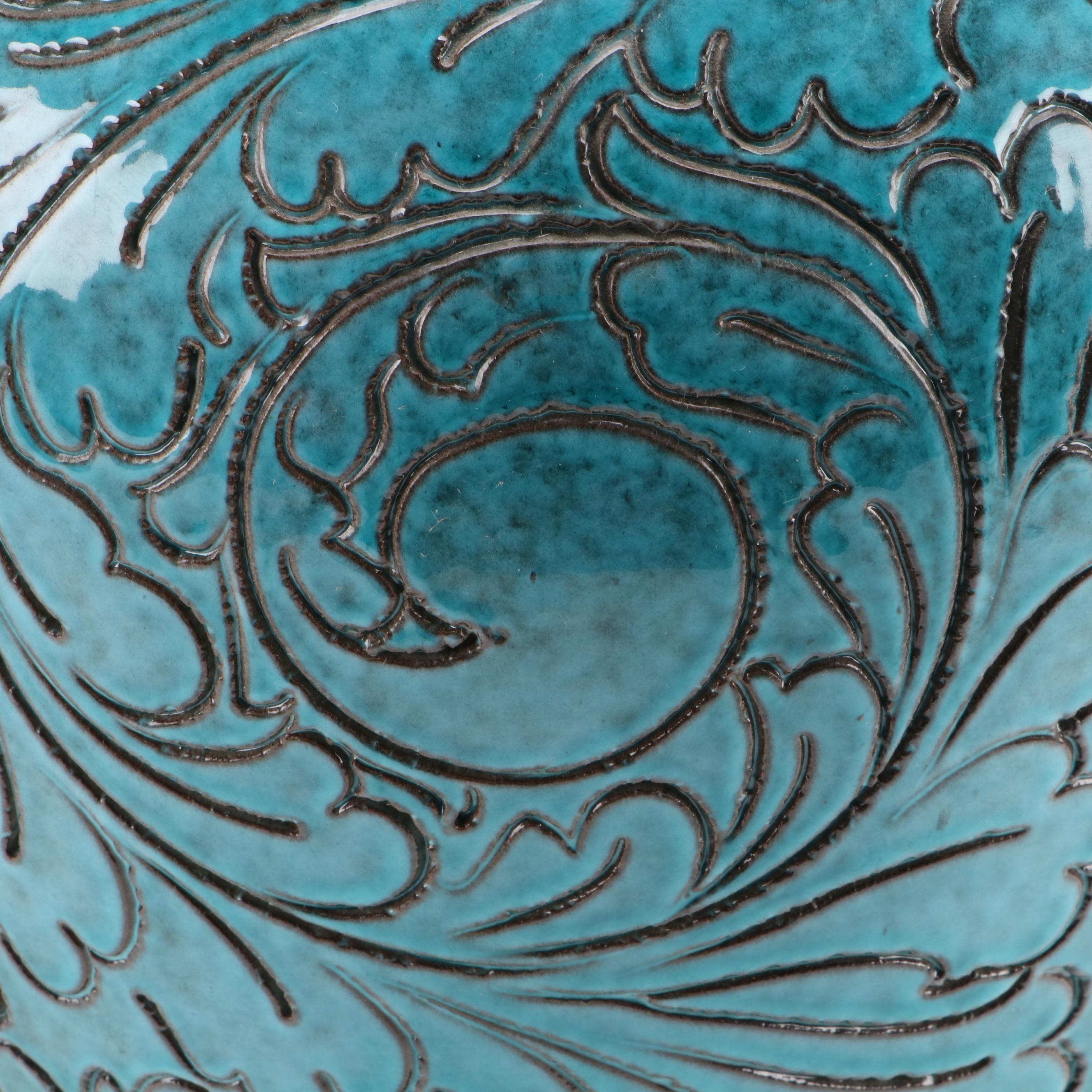 Italian Renaissance Style Turquoise Glazed Sgraffito Pottery Vase