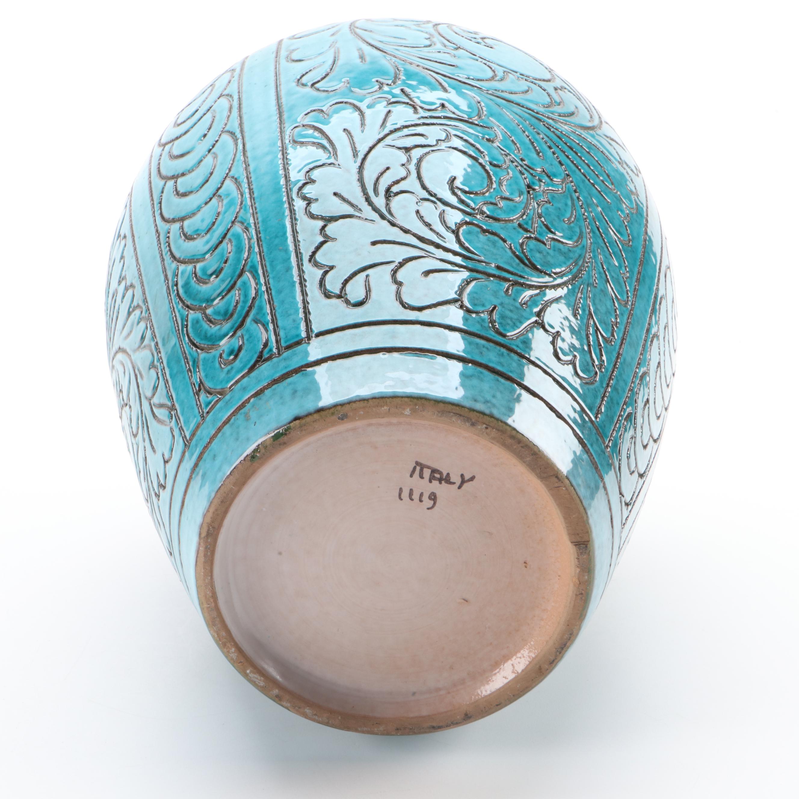 Italian Renaissance Style Turquoise Glazed Sgraffito Pottery Vase