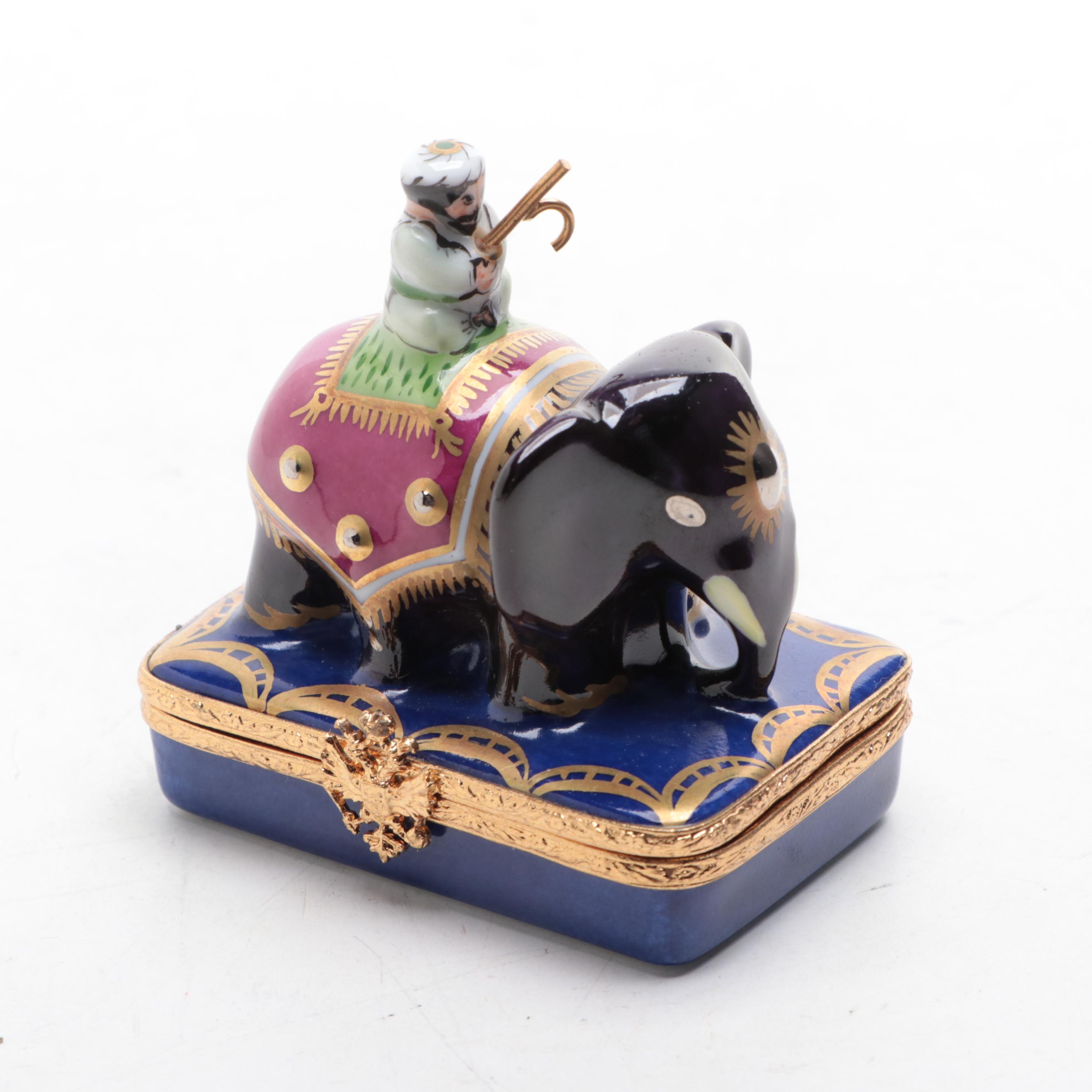 Faberge Limoges Elephant Motif Box with Miniature Glass Elephant Figurines