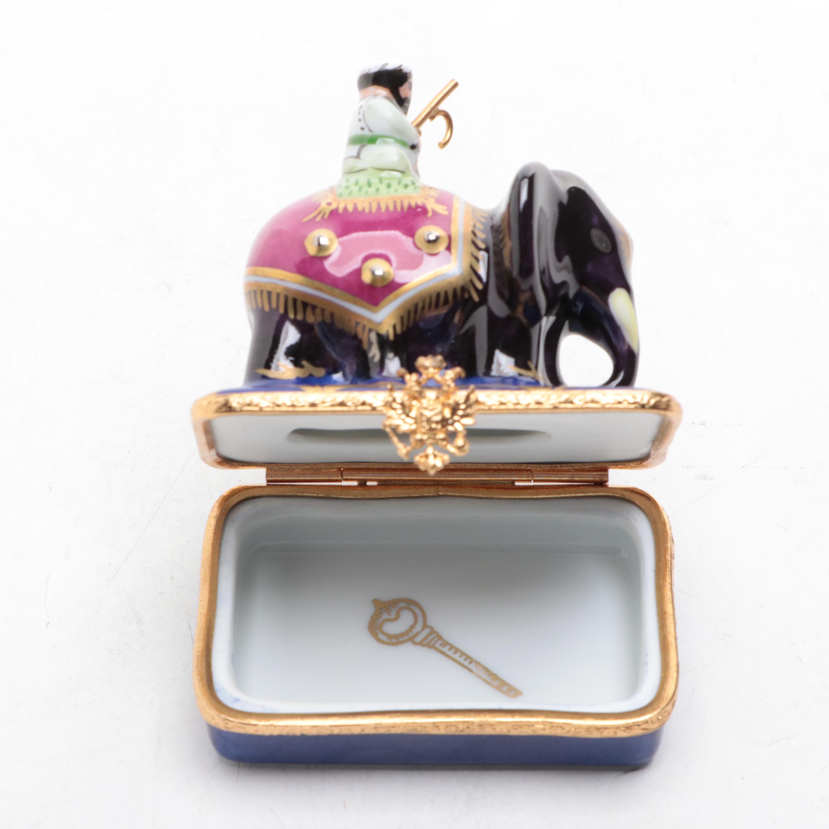 Faberge Limoges Elephant Motif Box with Miniature Glass Elephant Figurines