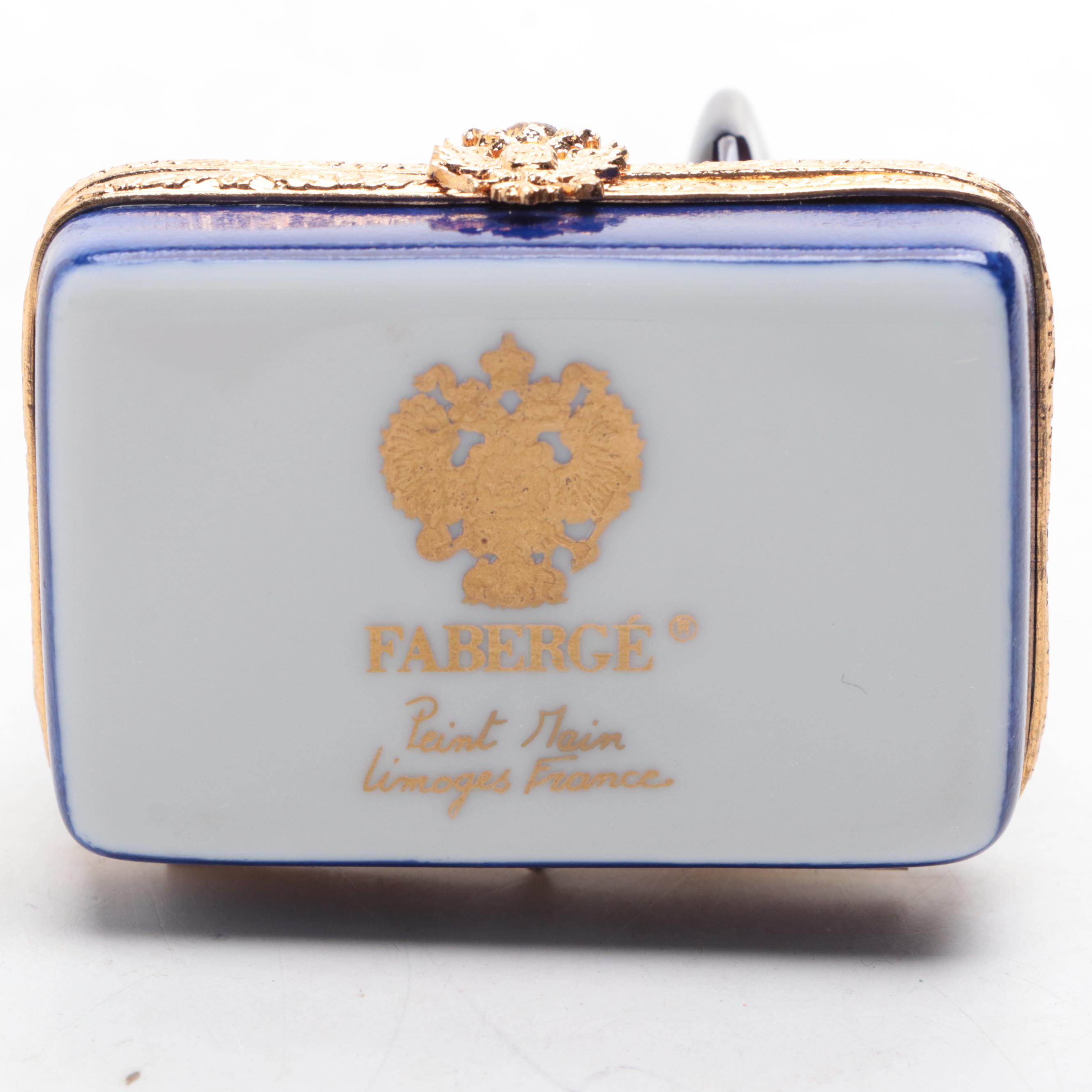 Faberge Limoges Elephant Motif Box with Miniature Glass Elephant Figurines