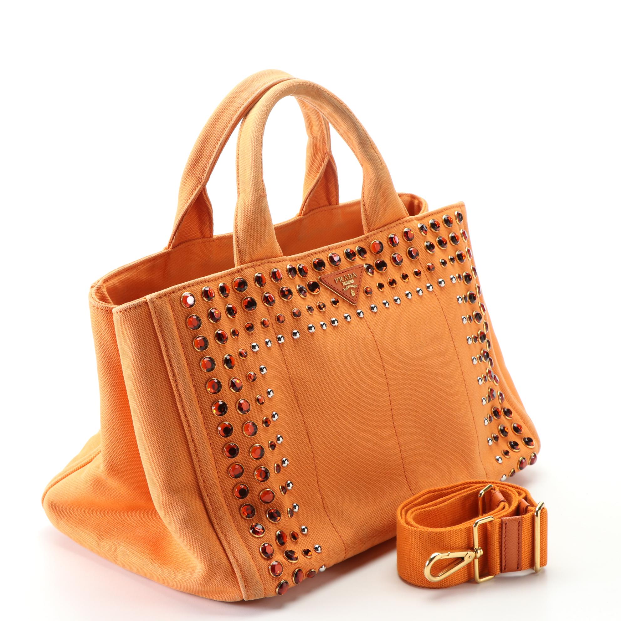 Prada Embellished Canapa Canvas Tote Bag with Detachable Strap